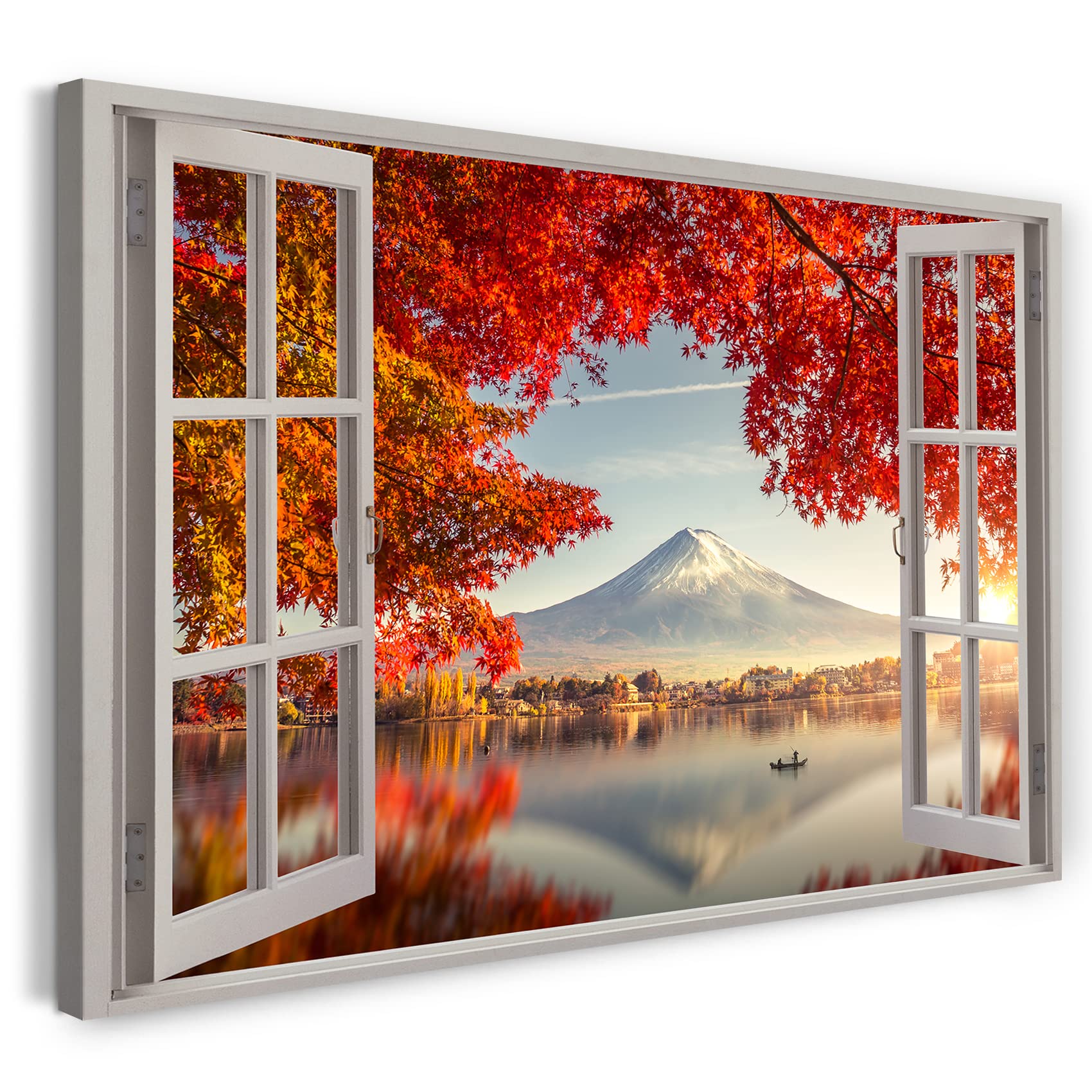 Printistico #01 Print On Canvas (100X70 Cm) View From The Window - Fuji Japan, Summer Mountain Cherry Blossoms - Nature Photography, Real Wood Frame With Hook