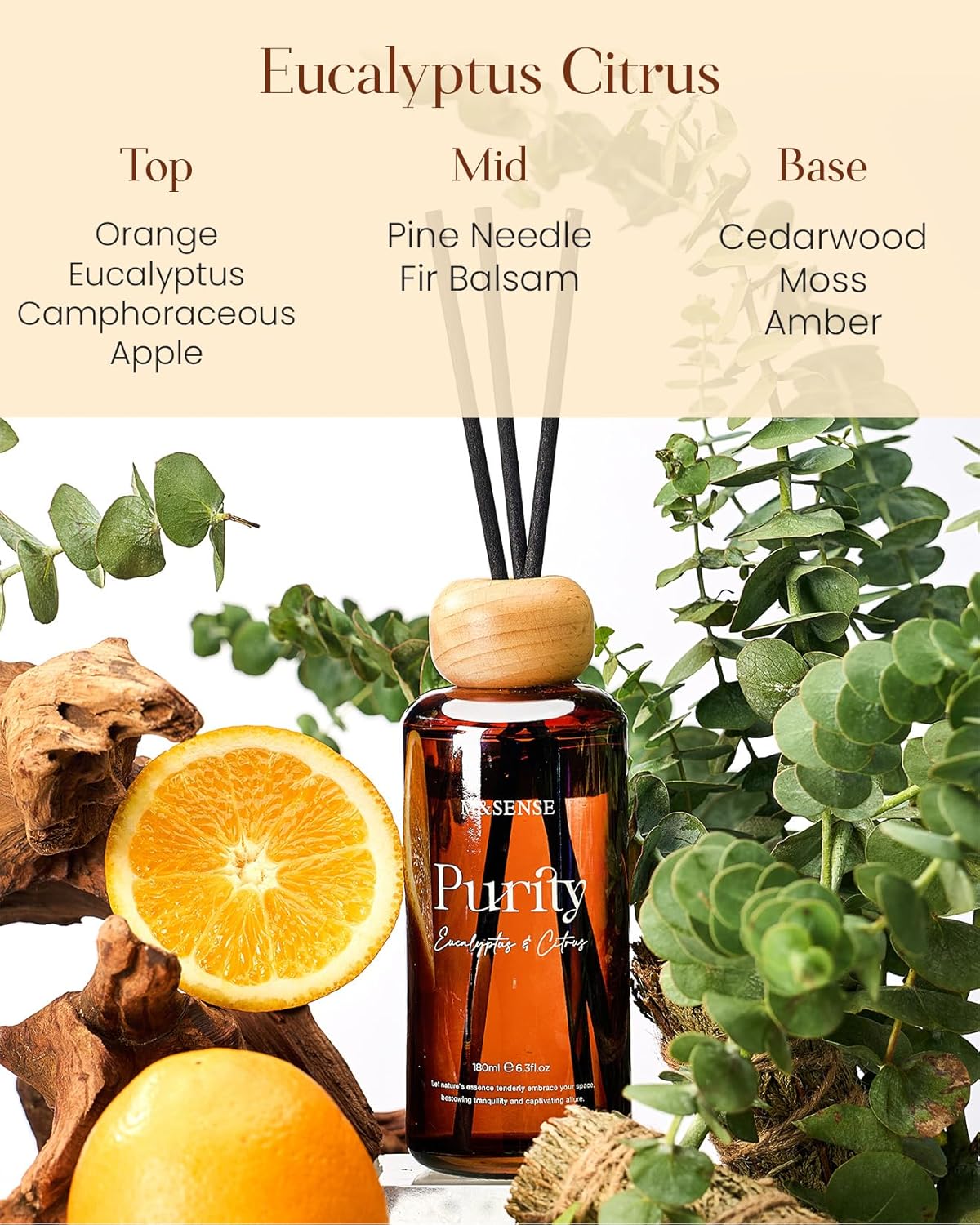M&SENSE Eucalyptus Scent Diffuser Bundle - 6.3oz Eucalyptus Citrus Diffuser + 16.9oz Refill & 10 Sticks, Non-Toxic for Home Bedroom Spa