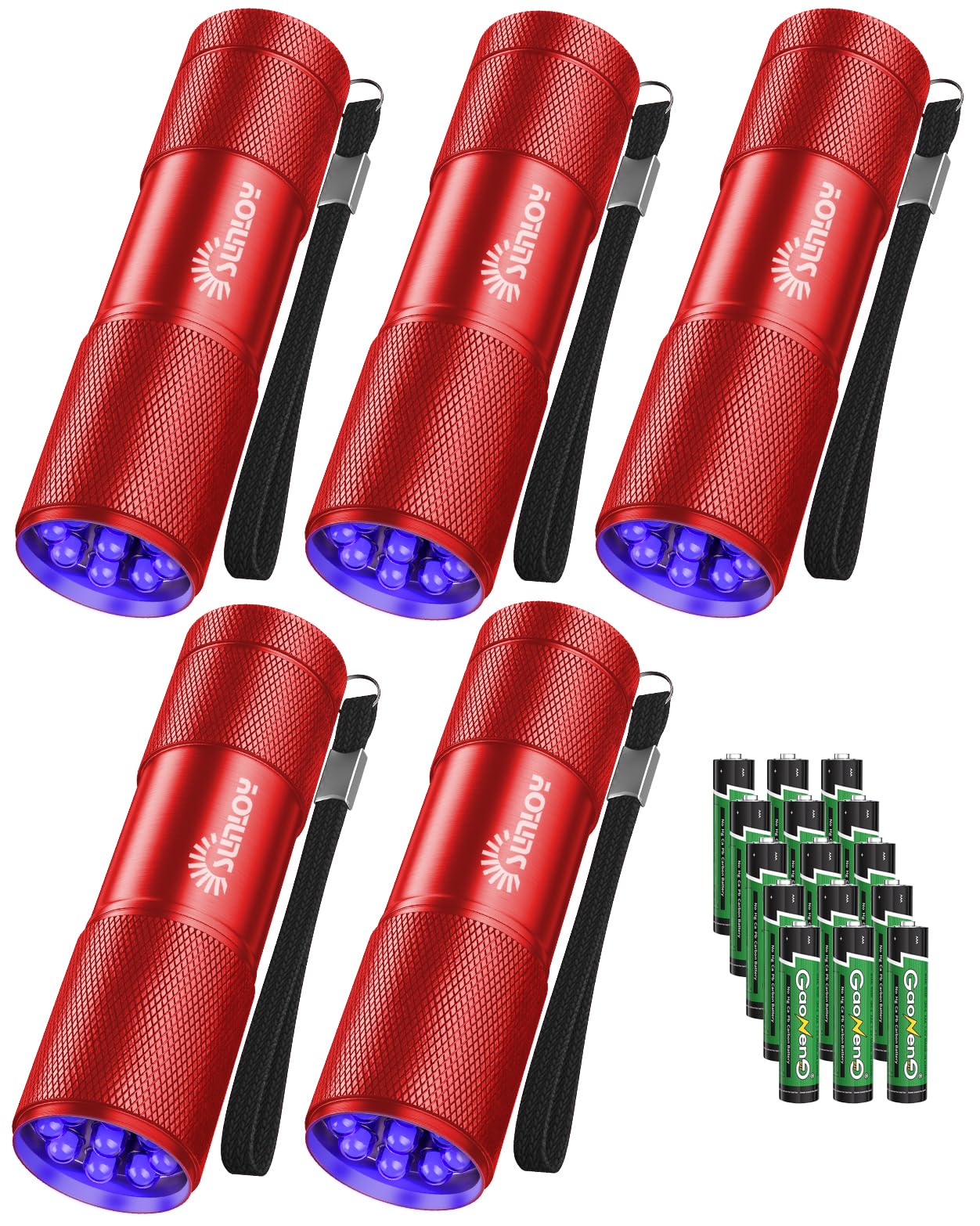 UV Flashlight Black Light, 5 Pack 9 LED 395nm Ultraviolet Blacklight Flashlight, Mini Portable Torch Light Pet Urine Detector for Dog/Cat Urine, Dry Stains, Bed Bug(15x AAA Batteries(Red))