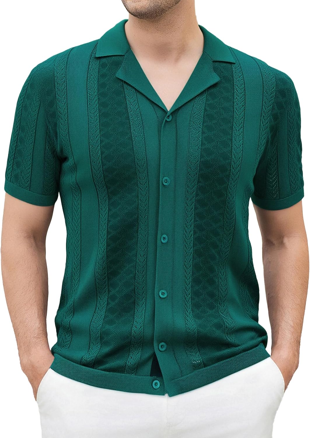 Esabel.C Men‘s Knit Button Down Shirts Long Sleeve Stripe Sweater Casual Ribbed Fashion Polo Shirts for Men