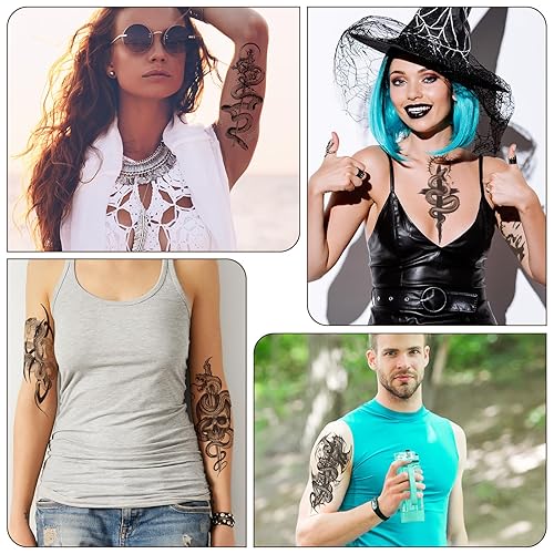 Miniatura 7 de Demissle 50 hojas de tatuajes temporales realistas de serpiente negra en 3D, espadas florales, tatuajes de serpientes falsas, tatuajes de serpiente