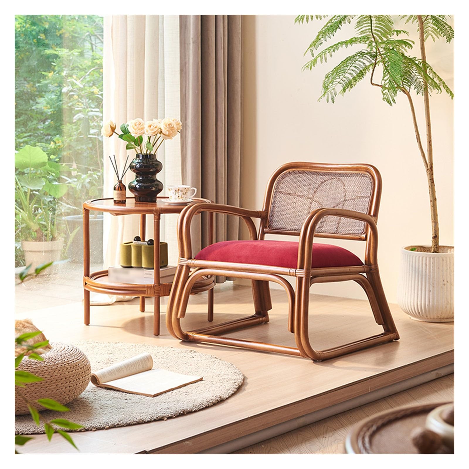 Sedia in vimini e rattan, Poltrona lounge in rattan retrò - Sedia in rattan naturale con cuscini e braccioli - Perfetta for il relax interno ed esterno, Mobili da giardino e patio
