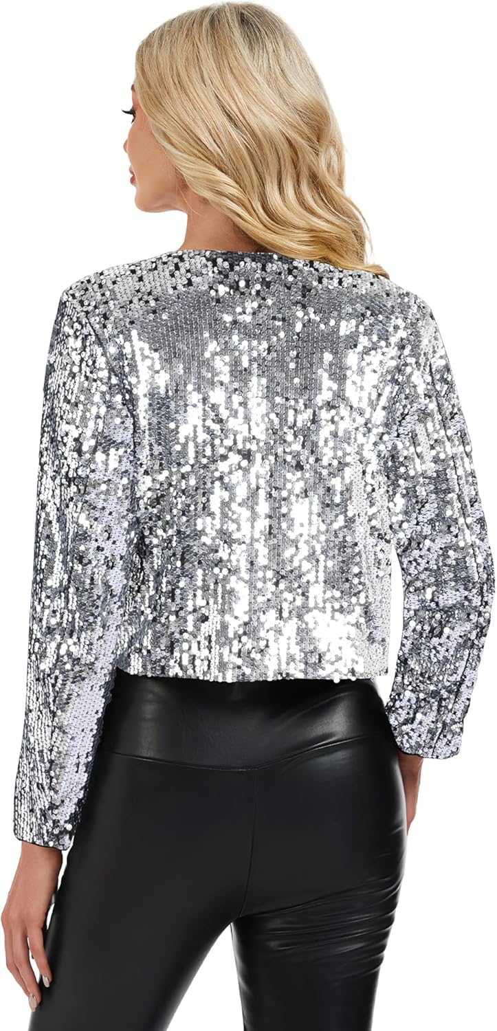 Anna-Kaci Women's Sparkly Sequin Long Sleeve Glitter Cropped Blazer Bolero Shrug Open Front Party Clubwear