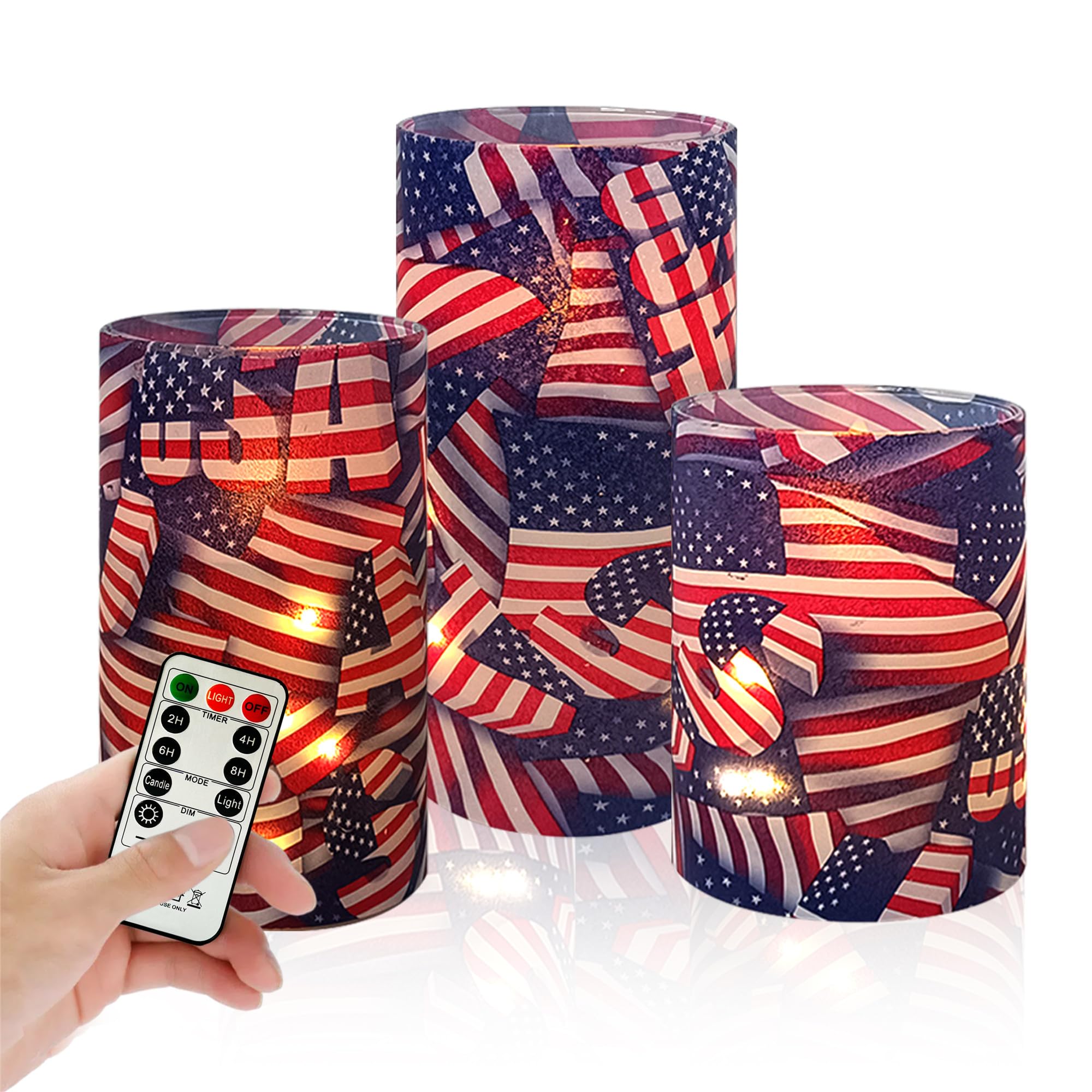 Printed Flameless Candles with String Lights - Set of 3 USA Flag Battery Operated Candle Flickering Floral LED Pillar Candles with Timer Remote for Home Decor Romantic Ambiance,Flag