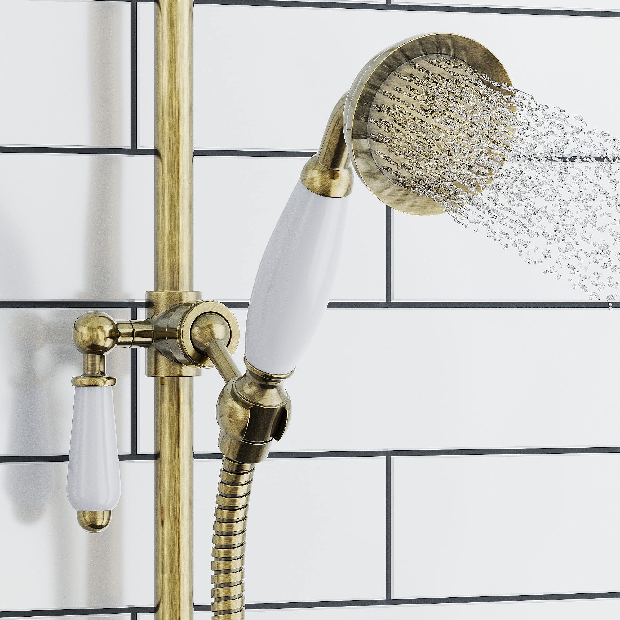 Enki Antique Brass E16 Traditional Victorian Solid Brass Porcelain Handshower