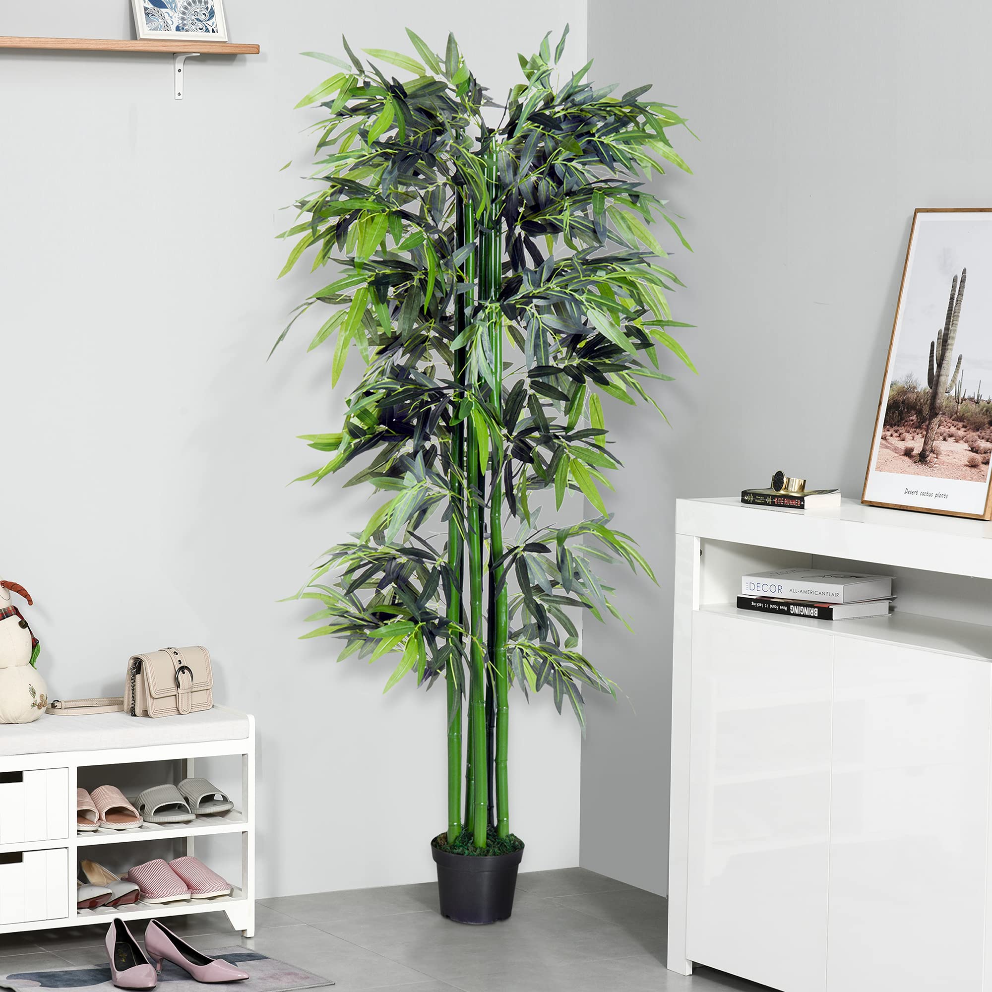 Outsunny Bambou Artificiel XXL 1,80H m Arbre Artificiel Feuilles denses réalistes Pot Inclus Noir Vert