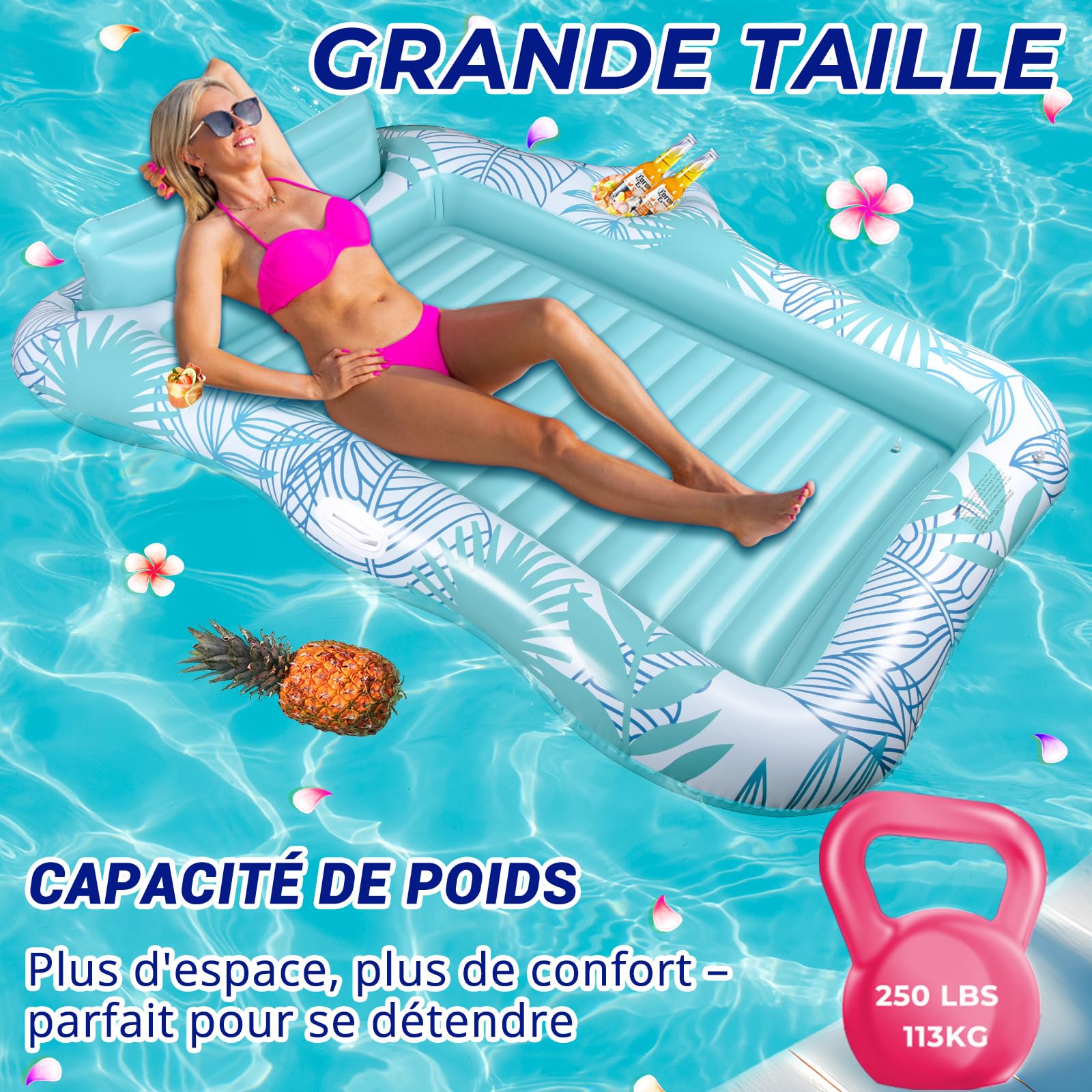 BuzzoXerex Matelas Gonflable Piscine, Double Grand Hamac à Eau Flotteur de Piscine Adulte pour Bain de Soleil avec Appui-tête et Support de Seau à Glace pour Piscine été Plage