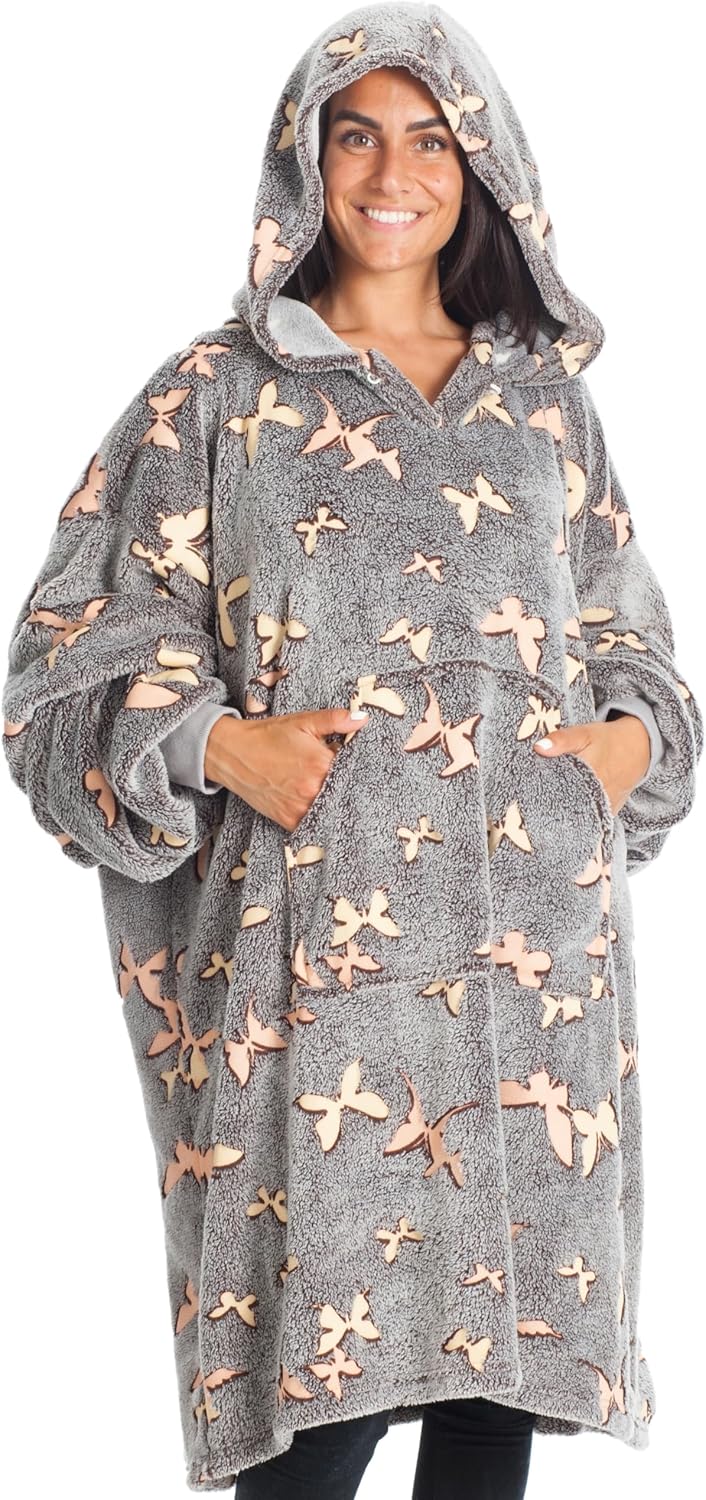 Kanguru Hoodie Fleece Throw Blanket Sweatshirt – Kangurone Fluffy Flannel Outsized Wearable Blanket Glow within the Darkish Butterflies with fur impact, Gray, for Adults Males Ladies Youngsters measurement 95x95cm,