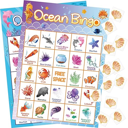 Miniatura 9 de Fancy Land Juego de bingo oceánico para 24 jugadores para niños, suministros de juegos de fiesta bajo el mar