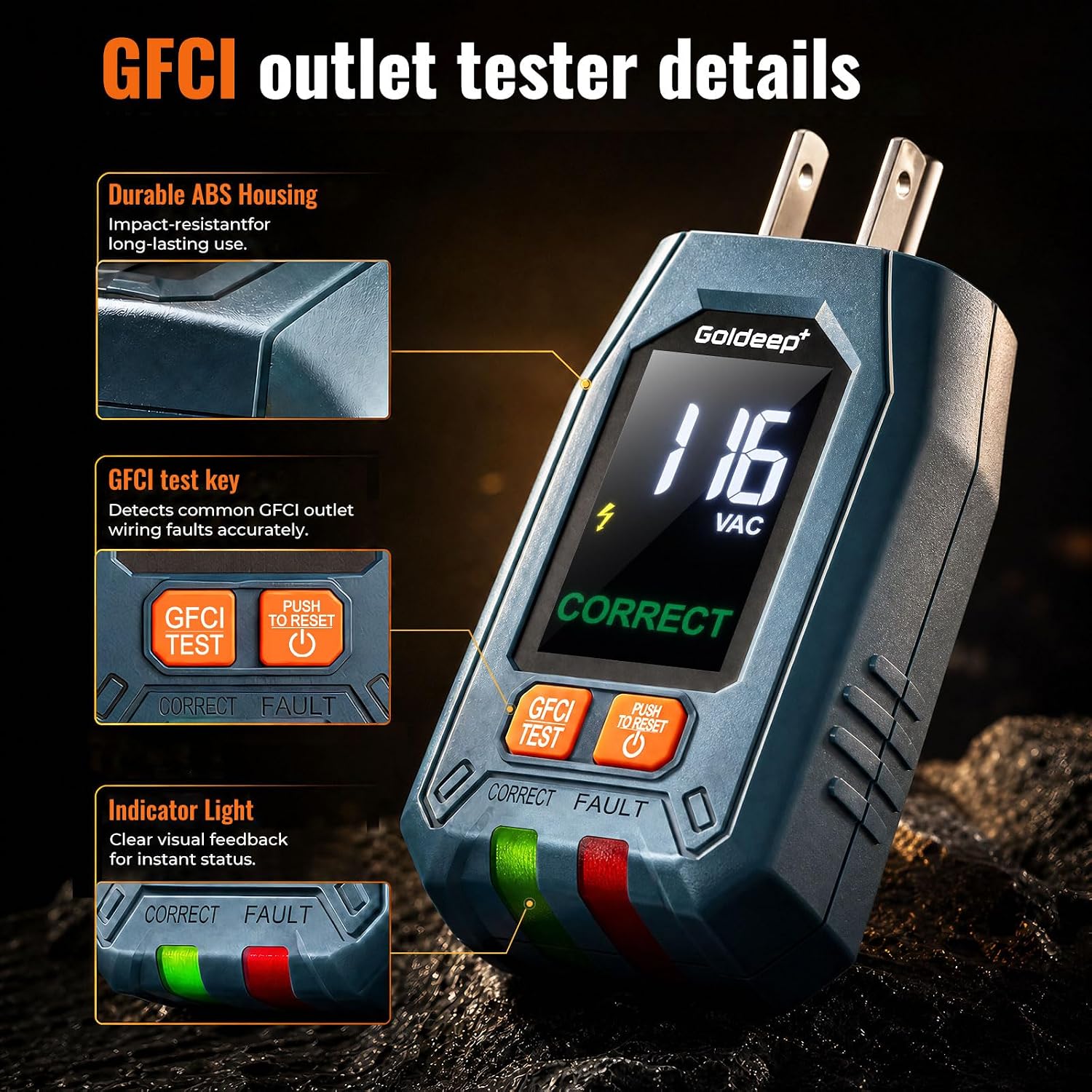 GFCI Outlet Tester for Socket Test Plug Checker for Grounding-Green | with LCD Display、Bottom Indicators、Auto-Hold Function、Automatic shutdown、for home user、electricians、rental room check