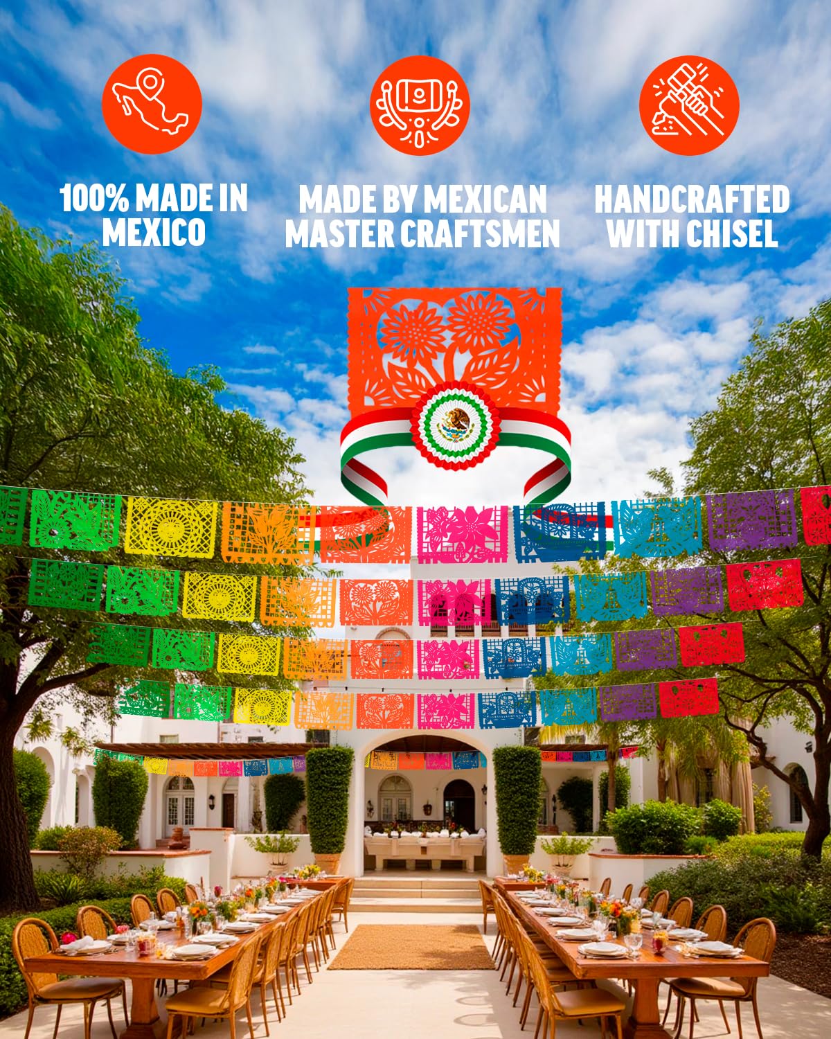 Carteles de fiesta mexicana de 180 pies (paquete de 10 con 10 banderas de plástico por pancarta) – Papel Picado Mexicano para Fiesta – Papel Picado de plástico – Decoraciones de fiesta temática de