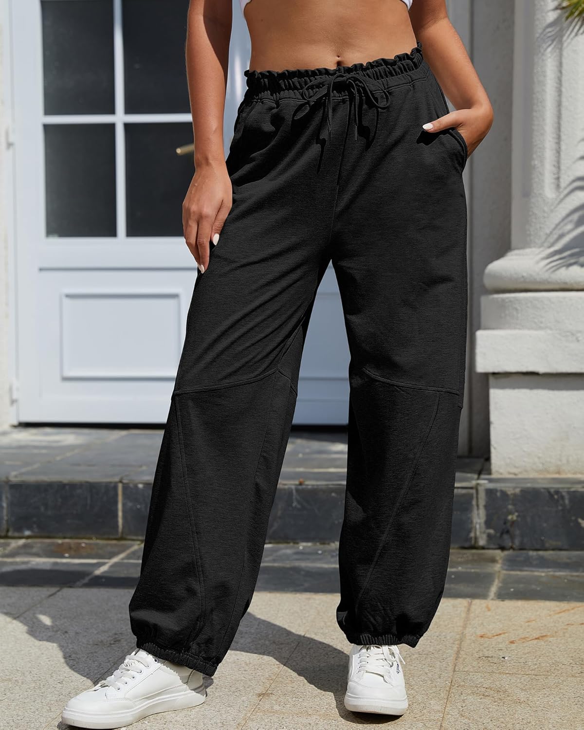 Bsubseach Womens High Waist Barrel Sweatpants Casual Wide Leg Pants Ruffle Elastic Waist Drawstring Palazzo Trousers - Image 2