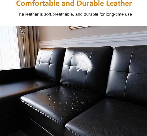 Miniatura 7 de HONBAY Sofá modular de piel sintética sofá modular convertible en forma de L con piel sintética para espacios pequeños color negro