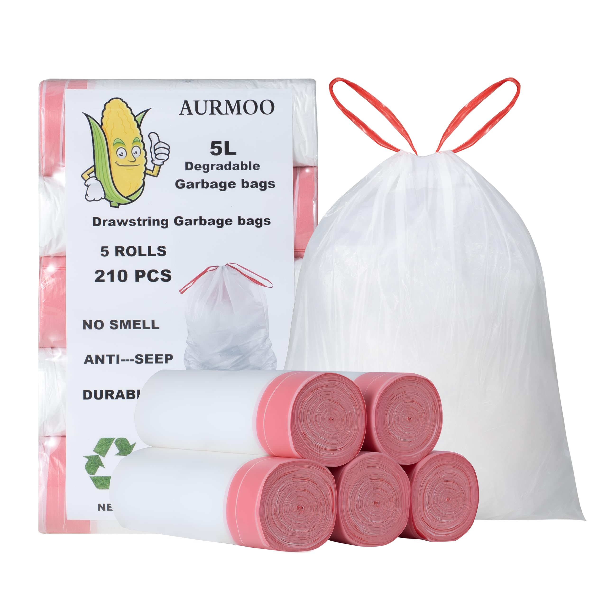 Sac poubelle 5L avec cordon de serrage degradable blanc pour cuisine x210