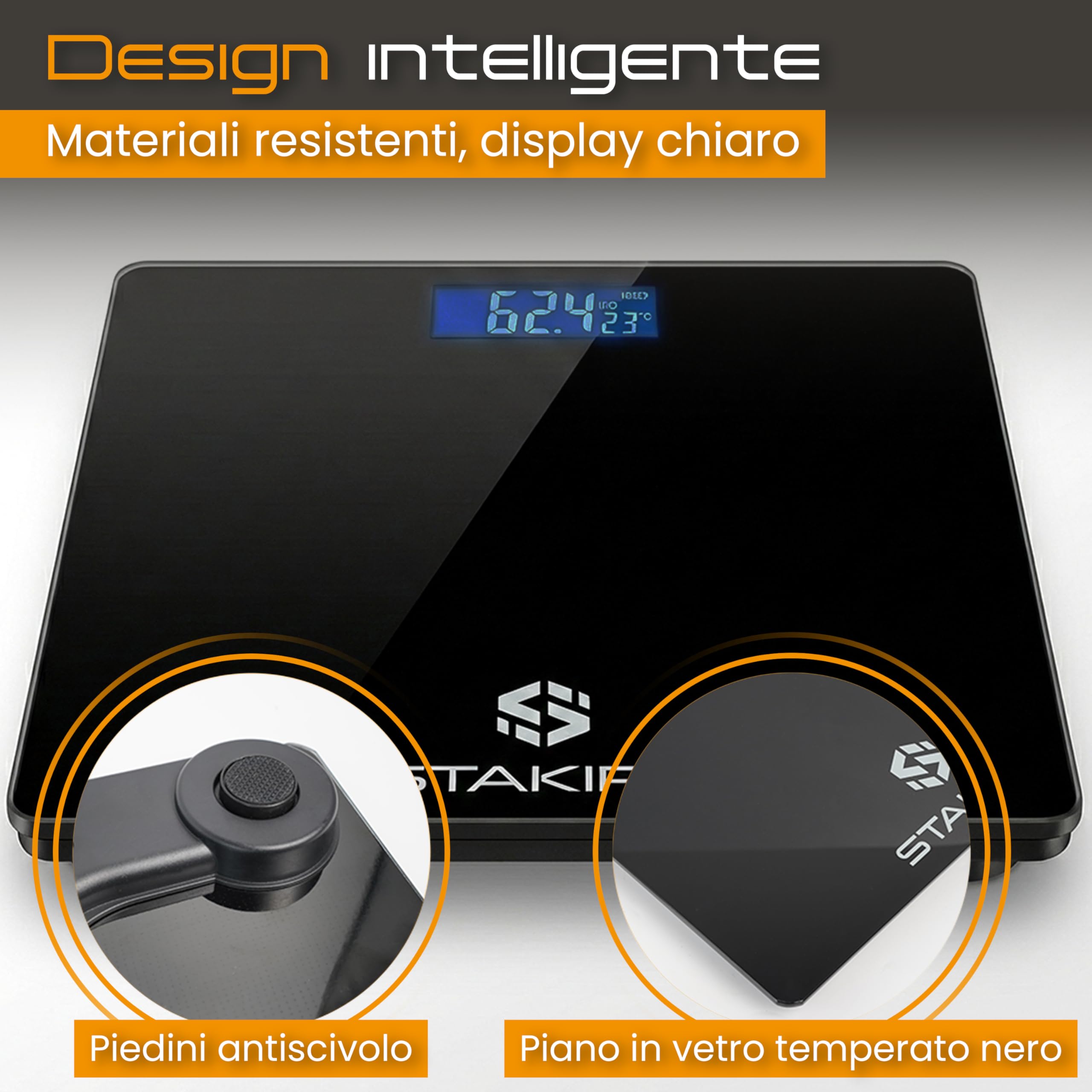 Bilancia Pesapersone Digitale STAKIRA – Fino a 180 kg – Alta Precisione 0.1 kg – USB Ricaricabile – Display LCD – Vetro Temperato Nero – Temperatura Integrata – Design Compatto 26x26 cm