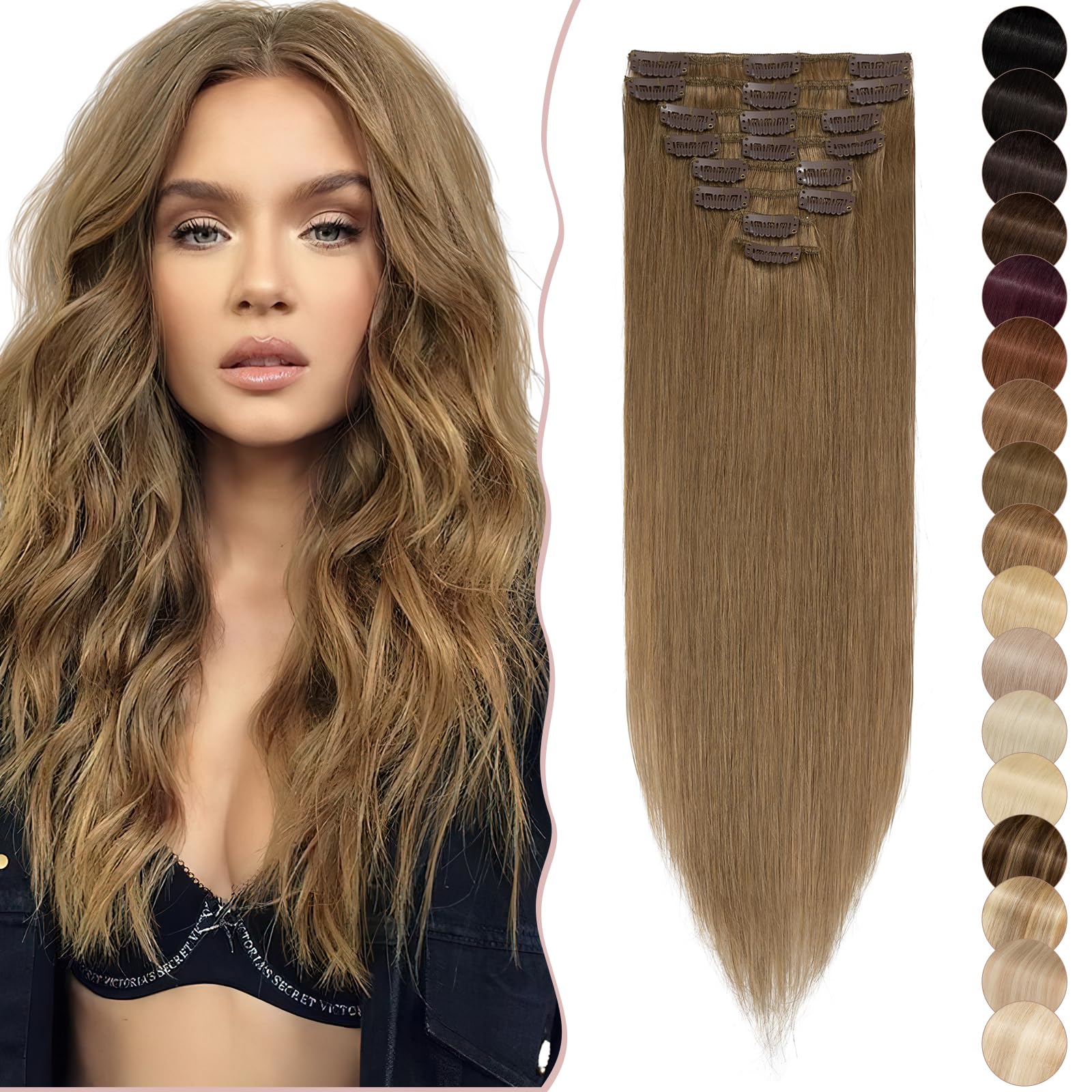 SEGO Extension Clip Capelli Veri Castano con 18 Clips 8 Fasce 100% Remy Human Hair Lisci Naturali 35 cm (60 g) 6# Marrone Chiaro