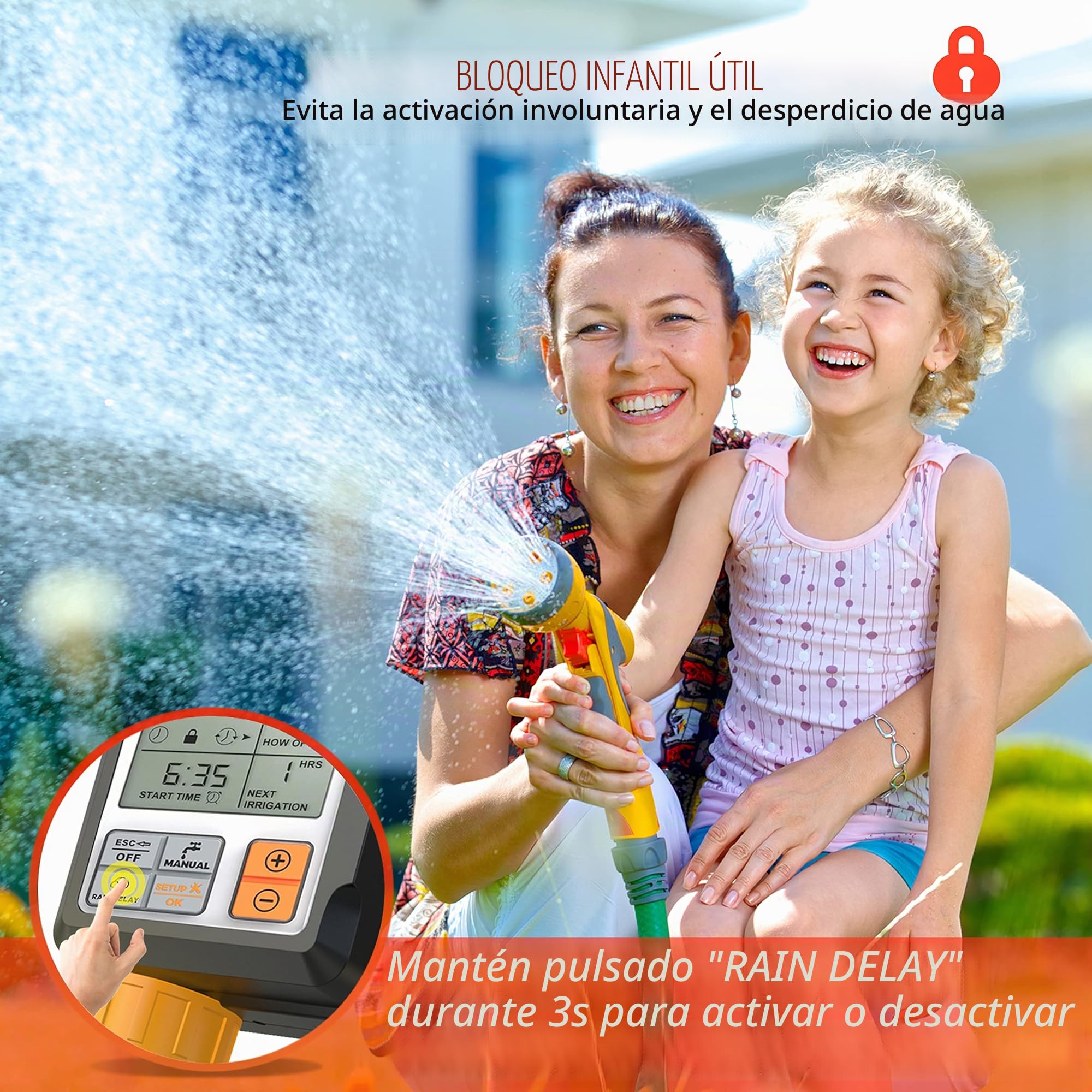 CROSOFMI Programador Riego Jardin Temporizador de Riego Automatico Control Pantalla Grande de 3 Pulgadas Naranja