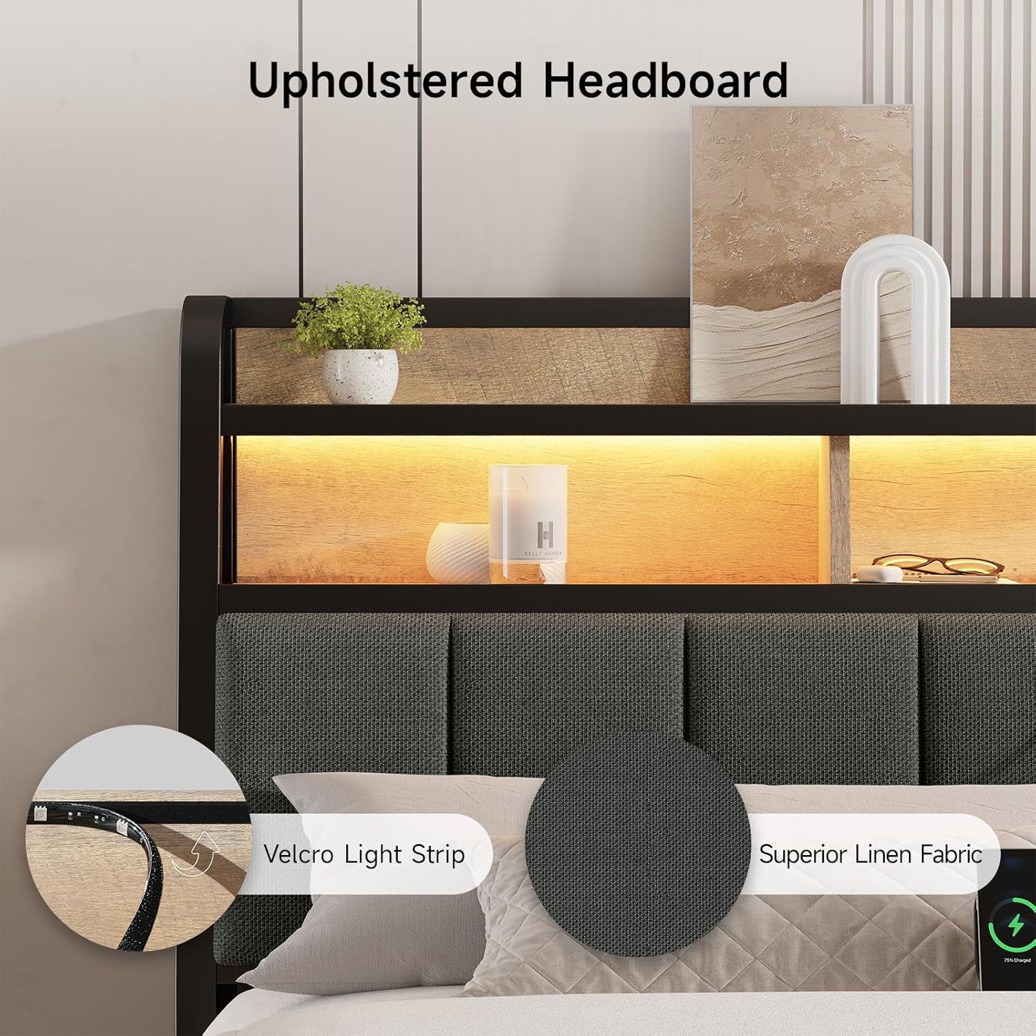 ONBRILL Ergonomic Headboard for Queen Size Bed with 2-Tier Storage, Upholstered Headboard with Outlets, USB Ports, LED Light, Queen Head Board Only, Height Adjustable, Sturdy and Stable, Black & Brown