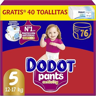 Dodot Pañal-Braguita Activity Pants , Talla 5 (11-17 kg), 76 Pañales + Regalo de 1 Pack de 40 Toallitas, Con Ajuste 360 anti-fugas extra suave