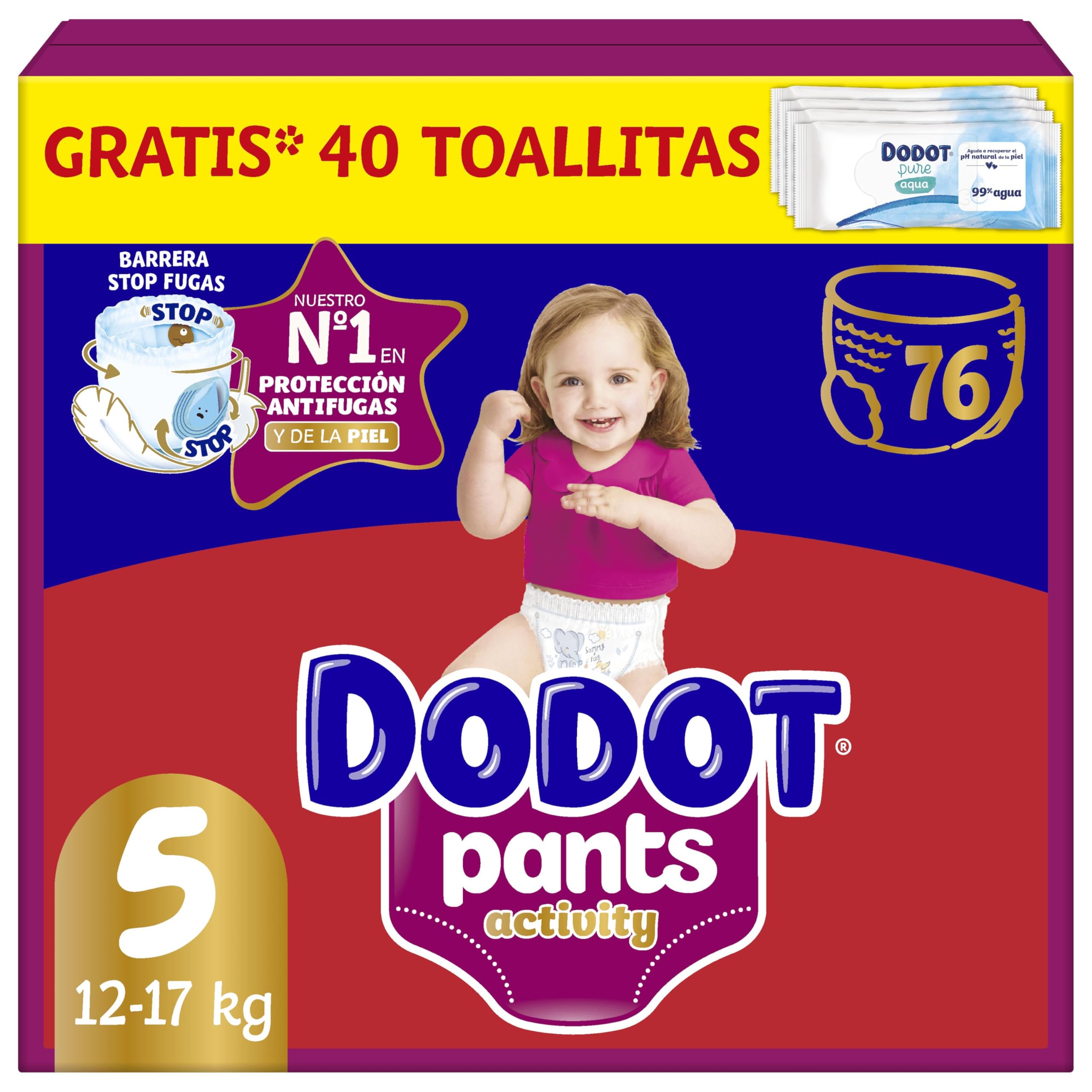Dodot Pañal-Braguita Activity Pants , Talla 5 (11-17 kg), 76 Pañales + Regalo de 1 Pack de 40 Toallitas, Con Ajuste 360 anti-fugas extra suave