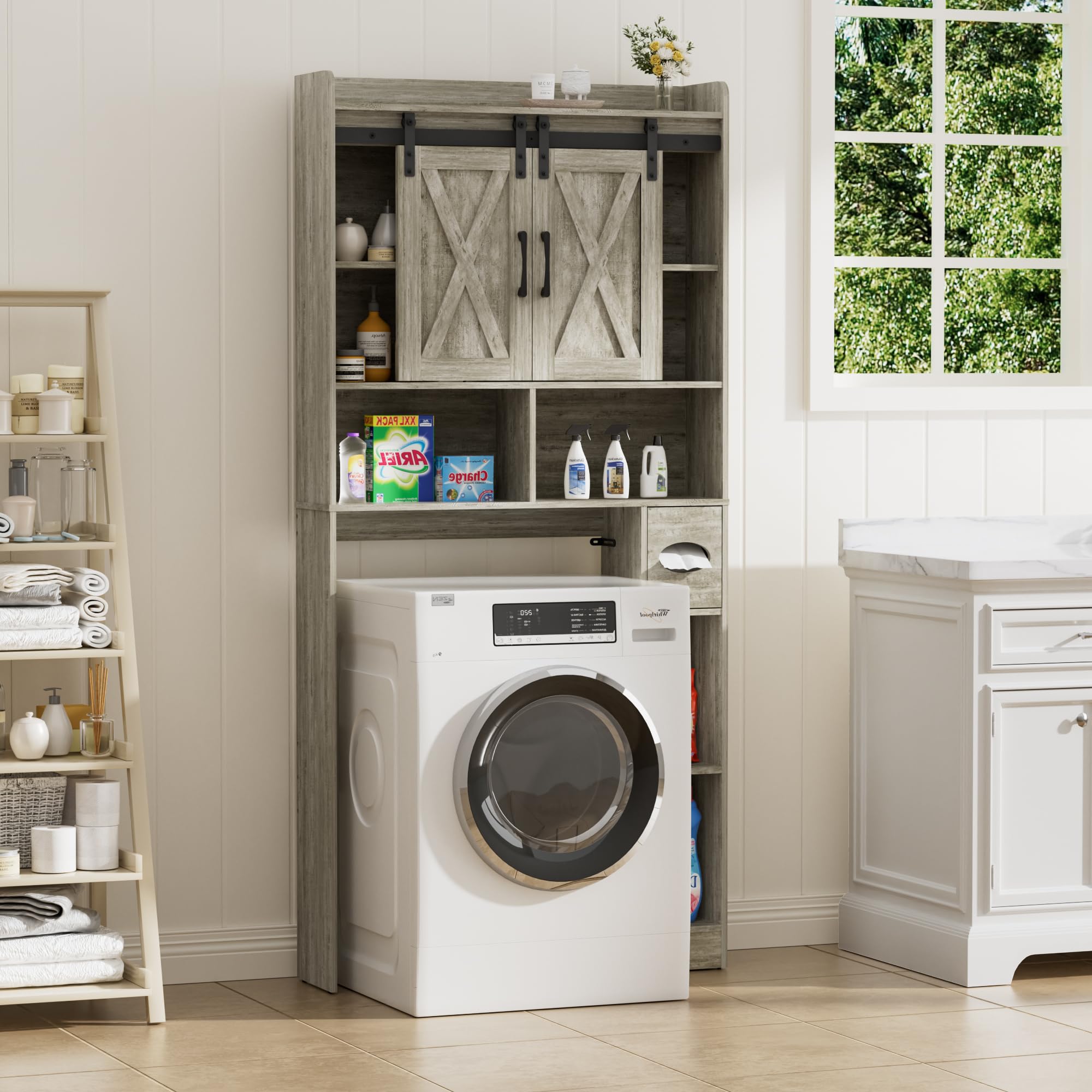 BonVache Armadio Lavatrice con 2 Porte Scorrevoli Ripiani Regolabili Lavatrice Mensola Lavatrice con Scomparto Laterale per Asciugamani Carta e 4 Scomparti Aperti Bagno WC Lavanderia Grigio