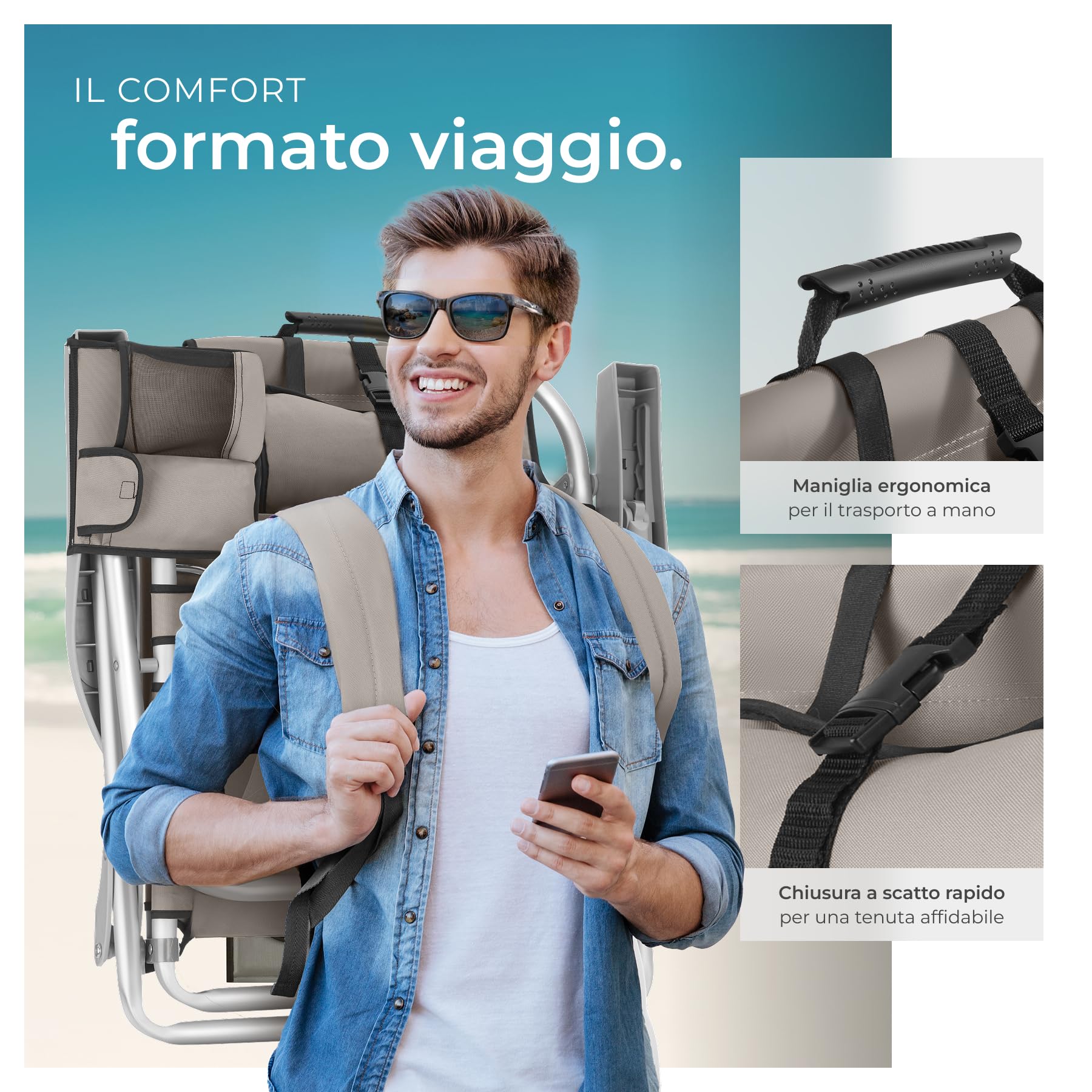tectake® 2 Sedia da Spiaggia, Spiaggina Pieghevole Funzione Zaino, Sedie da Giardino, Telaio Alluminio, Sdraio Da Spiaggia, Schienale Regolabile, Sdraio pieghevole, Borsa Termica, Sedia Mare - Beige