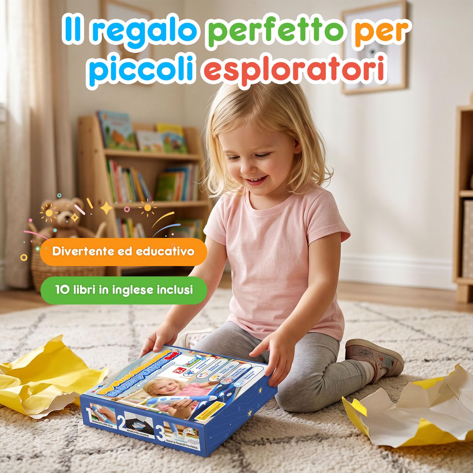 Penna educativa interattiva con 10 libri di canzoni inglesi, penna per bambini da 2 a 5 anni, giocattolo educativo audio, promuovere la voce, ricaricabile (USB-C)