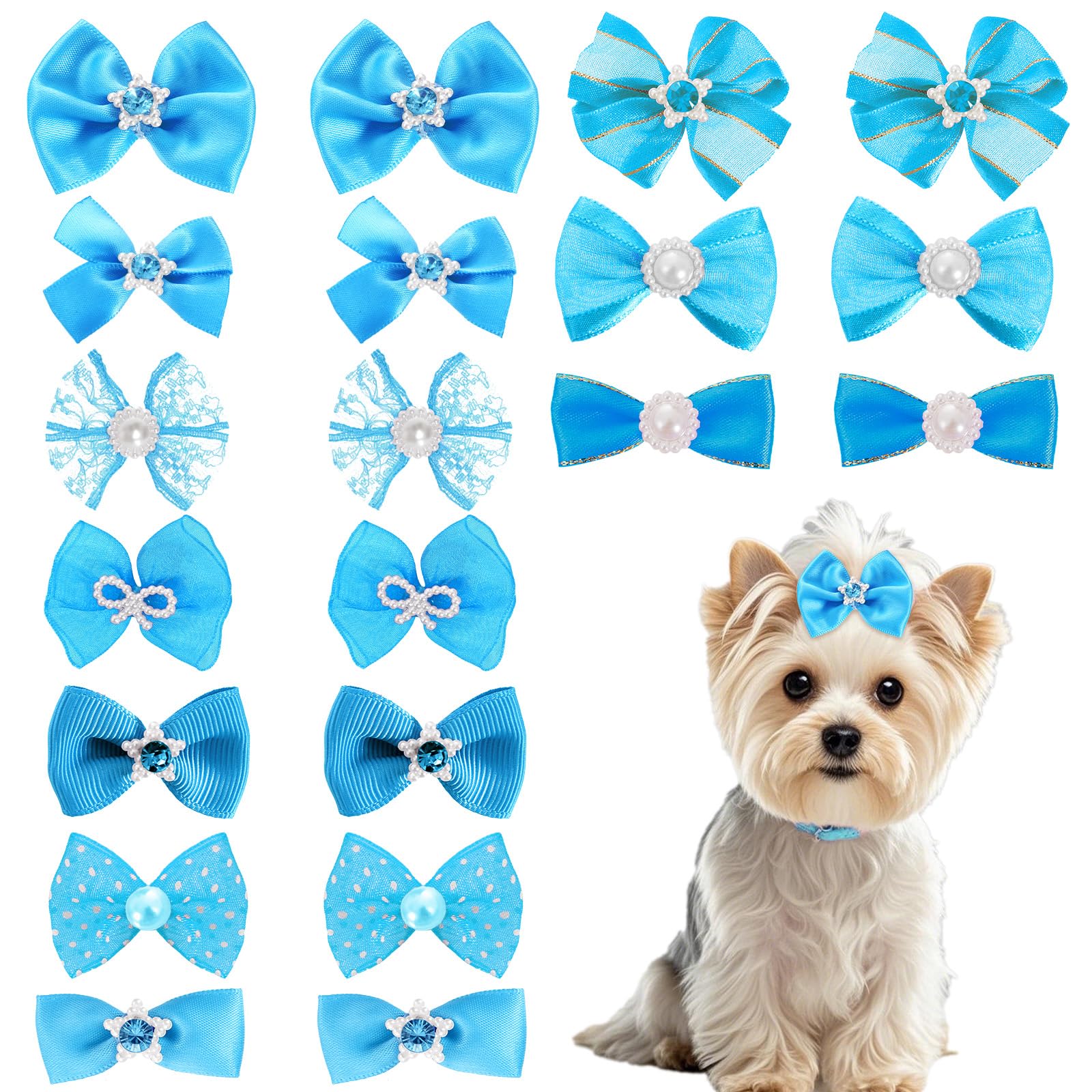 20 PCS Cute Dog Hair Bows with Rubber Bands Elastic Handmade Mix Style Lace Rhinestone Pearls for Furry Puppy Cat Pet Girl, Sky Blue