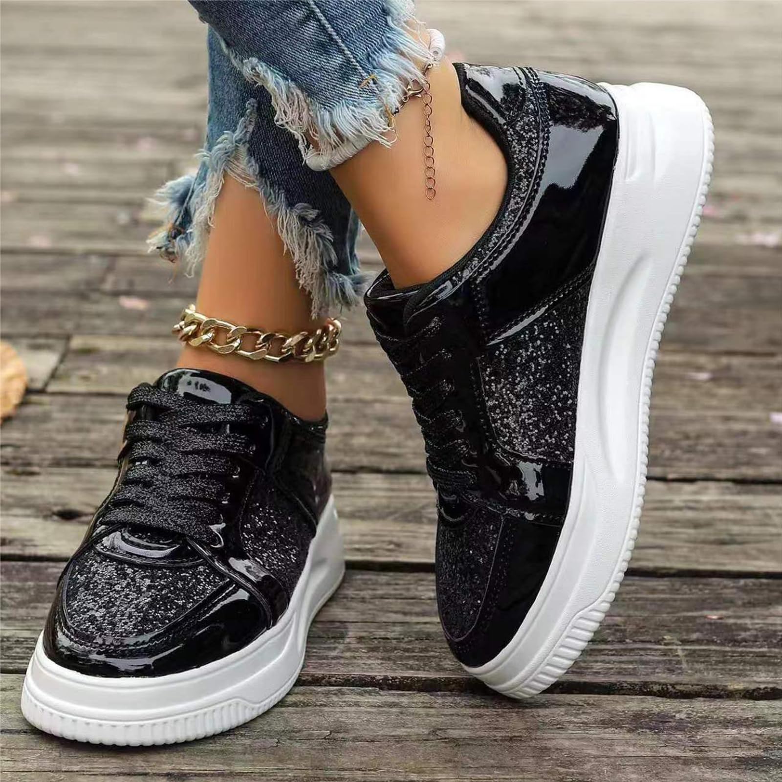 Amazon.com: Glitter Tennis Sneakers for Women's Fashion Slip On Sport Shoes  Ladies Comfy Crystal Bling Sparkly Breathable Lace Up Walking Dress Shoes  Orthotic Flat Heel Fashion Sneakers(Size:5,Color:Black) : Clothing, Shoes &  Jewelry