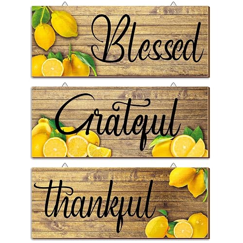 Amyhill 3 Pieces Lemon Wall Decor Grateful Thankful Blessed Art Signs