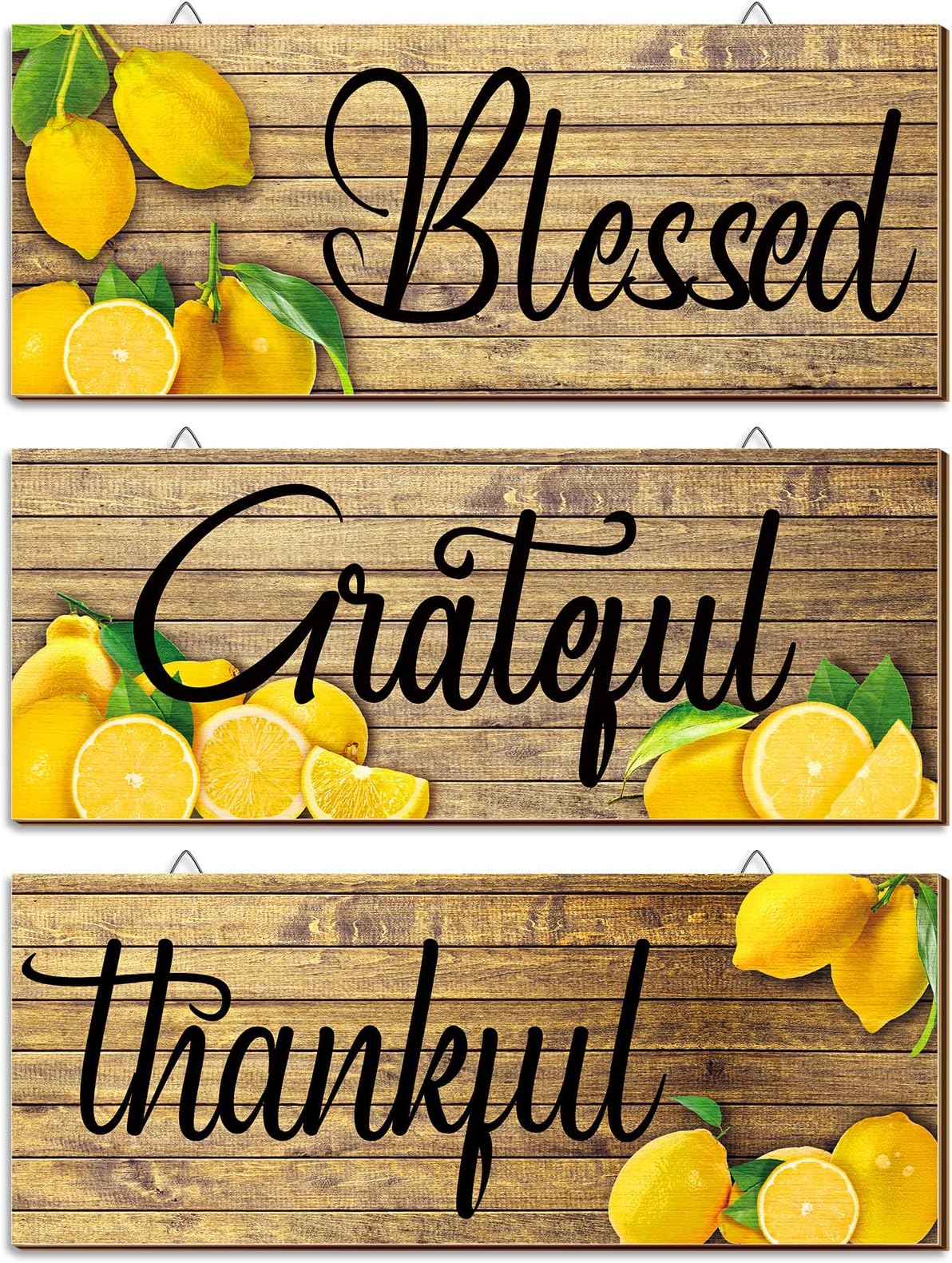 Amyhill 3 Pieces Lemon Wall Decor Grateful Thankful Blessed Art Signs Lemon Decorations for Home Wall decor for Front Door Farmhouse Wooden Signs for Kitchen(Classic Colors)