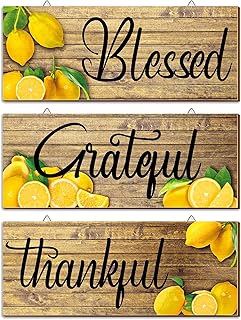 3 Pieces Lemon Wall Decor Grateful Thankful Blessed Wall Art Signs Lemon Decorations for Home Wall Signs for Front Door Farmhouse Wooden Signs for Wall Kitchen and Living Decor (Wood Style)