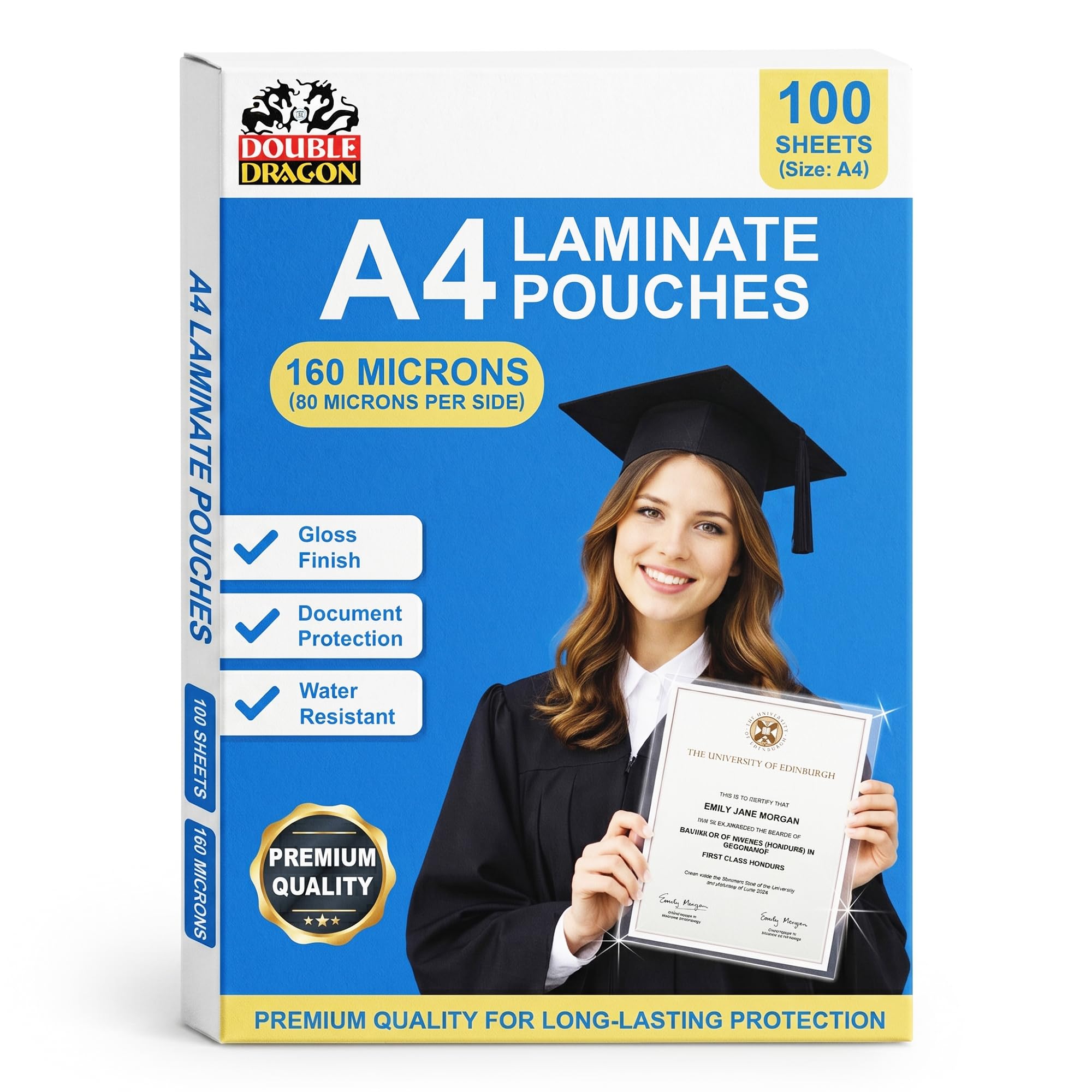Double Dragon, 160 Micron, A4 Laminating Pouches, Pack of 100 | Gloss Finish & Durable | Long-Lasting Protection for Documents | Premium, Water-Resistant Laminating Sheets for Certificates Photos, etc