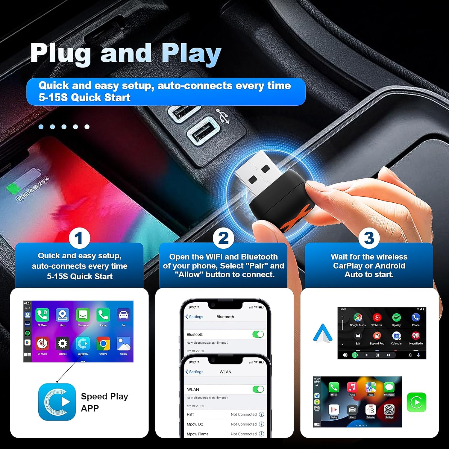 2 in 1 Mini Android Auto and Wireless CarPlay Adapter Convert Factory Wired to Wireless Dongle, Compact Size USB CarPlay Wireless Stick AAndroid Auto Adapter for iOS 12+/Android No Delay 7 81M7KE7Mu L. AC SL1500
