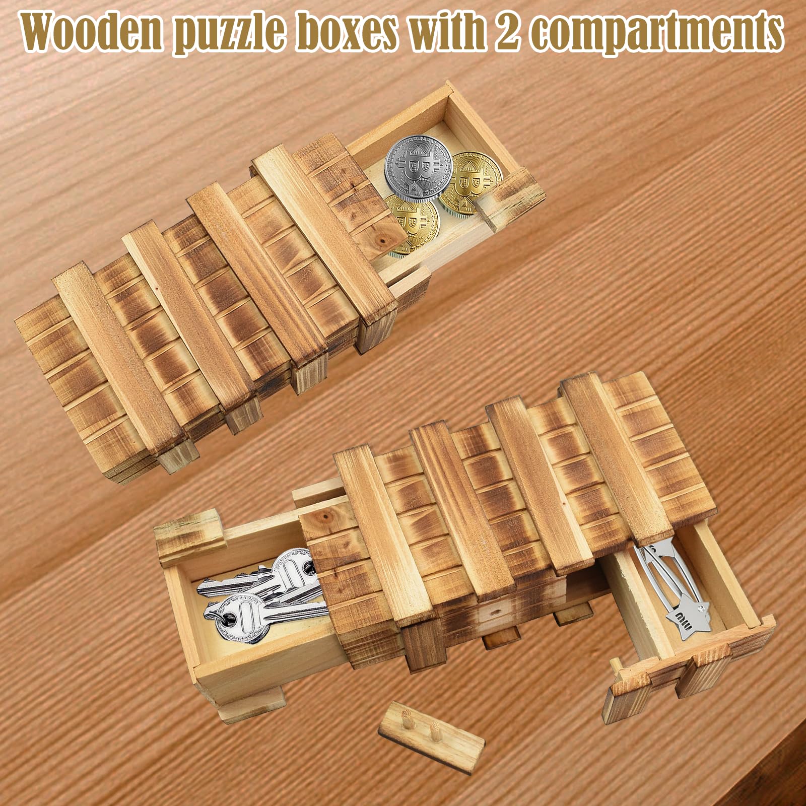 Confezione da 2 piccole scatole puzzle in legno con scomparti, compiti di pensiero per adulti, mini cassettiera per soldi, gioielli, giocattoli IQ per bambini, 15 cm x 8 cm x 5 cm