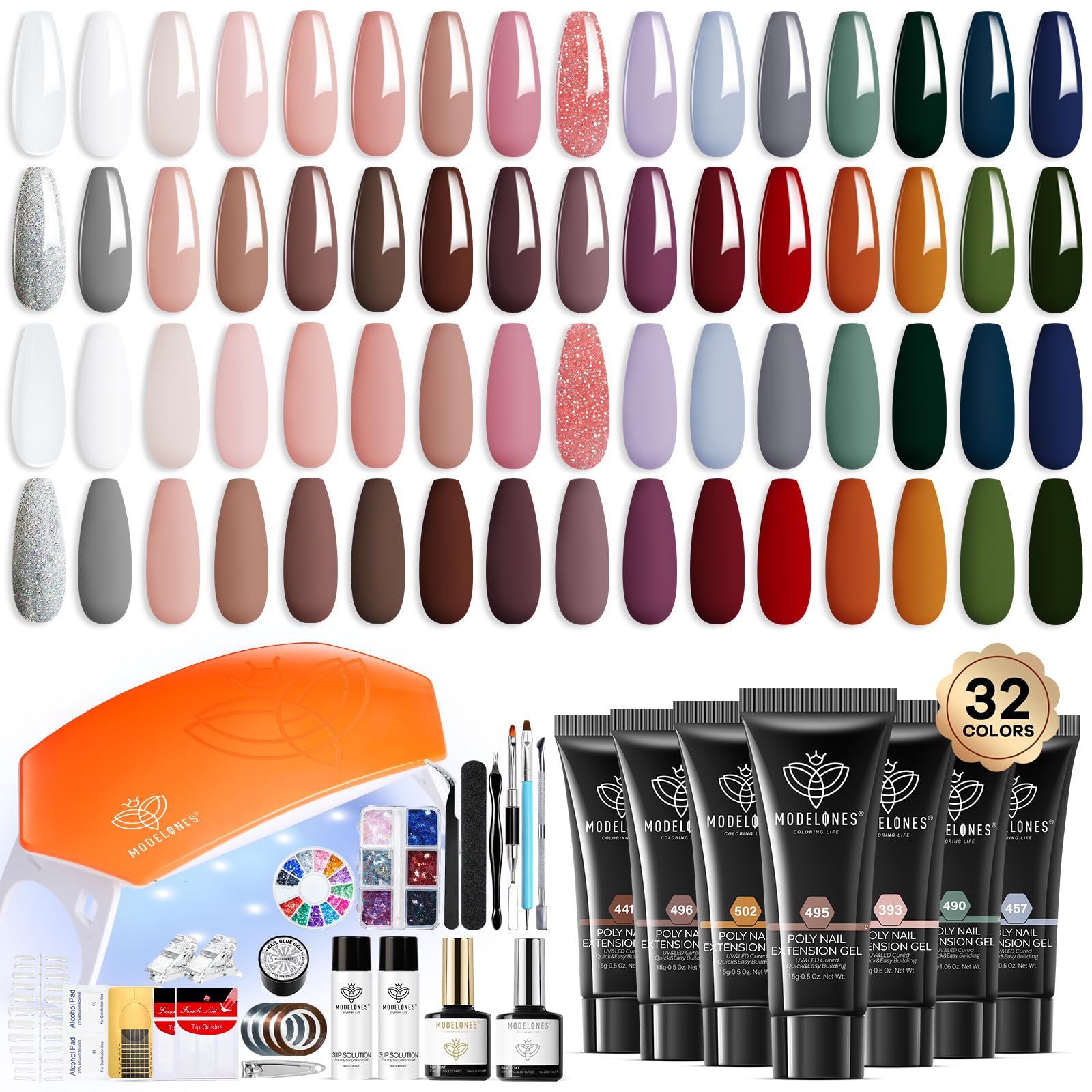 Modelones 133pcs Poly Nail Gel Kit, 32 Colors Earthy Tones Complete Extension Gel Nail Kit with 8W Lamp Slip Solution Builder Tools for Starter DIY Salon Use