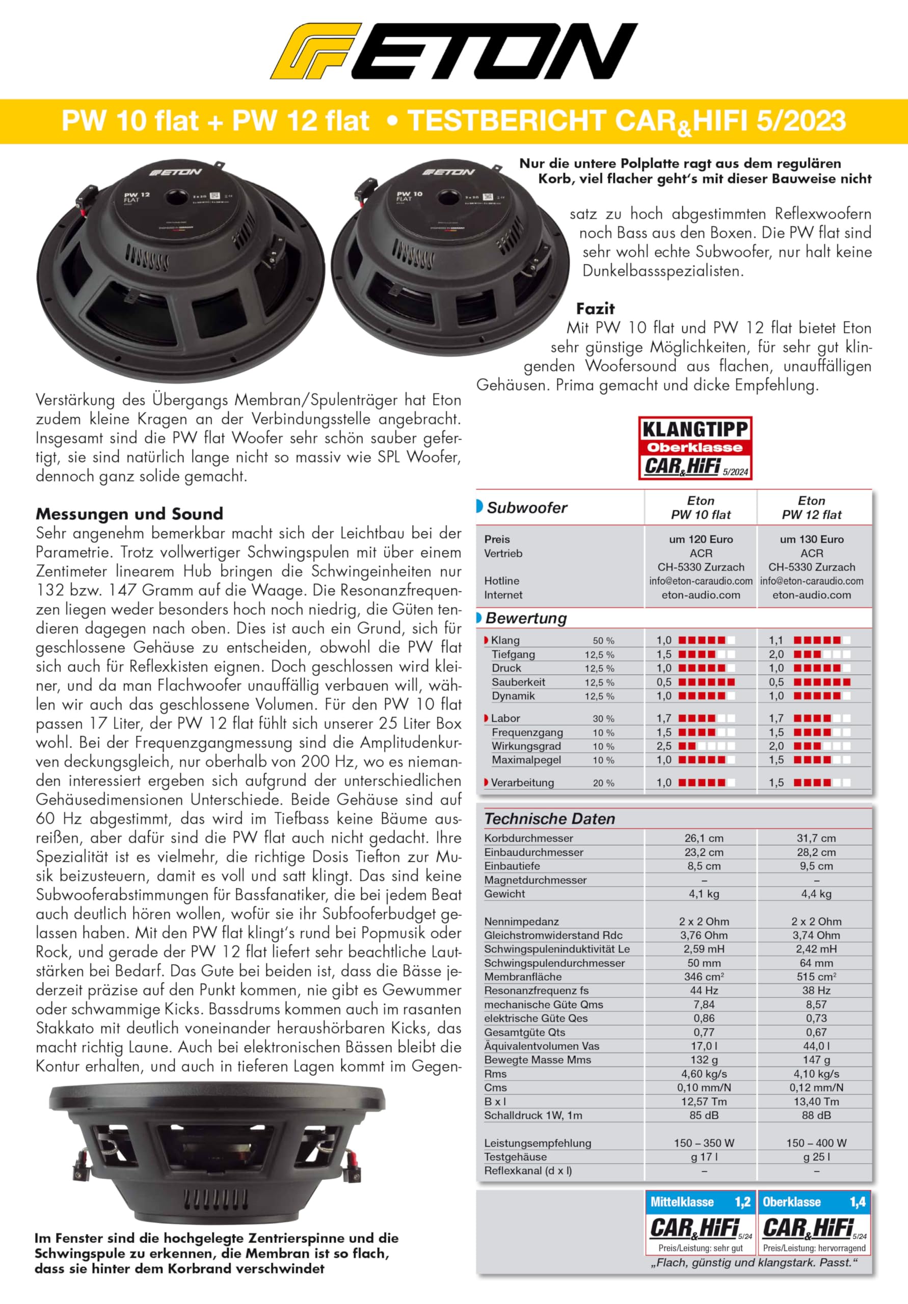 ETON PW 10 Flat – Druckvoller, Flacher 25 cm / 10 Zoll Langhub Subwoofer, Bass fürs Auto, Tiefton Lautsprecher mit Ferritmagnet, 2 x 2 Ohm Doppelschwingspule, 2 x 300 Watt