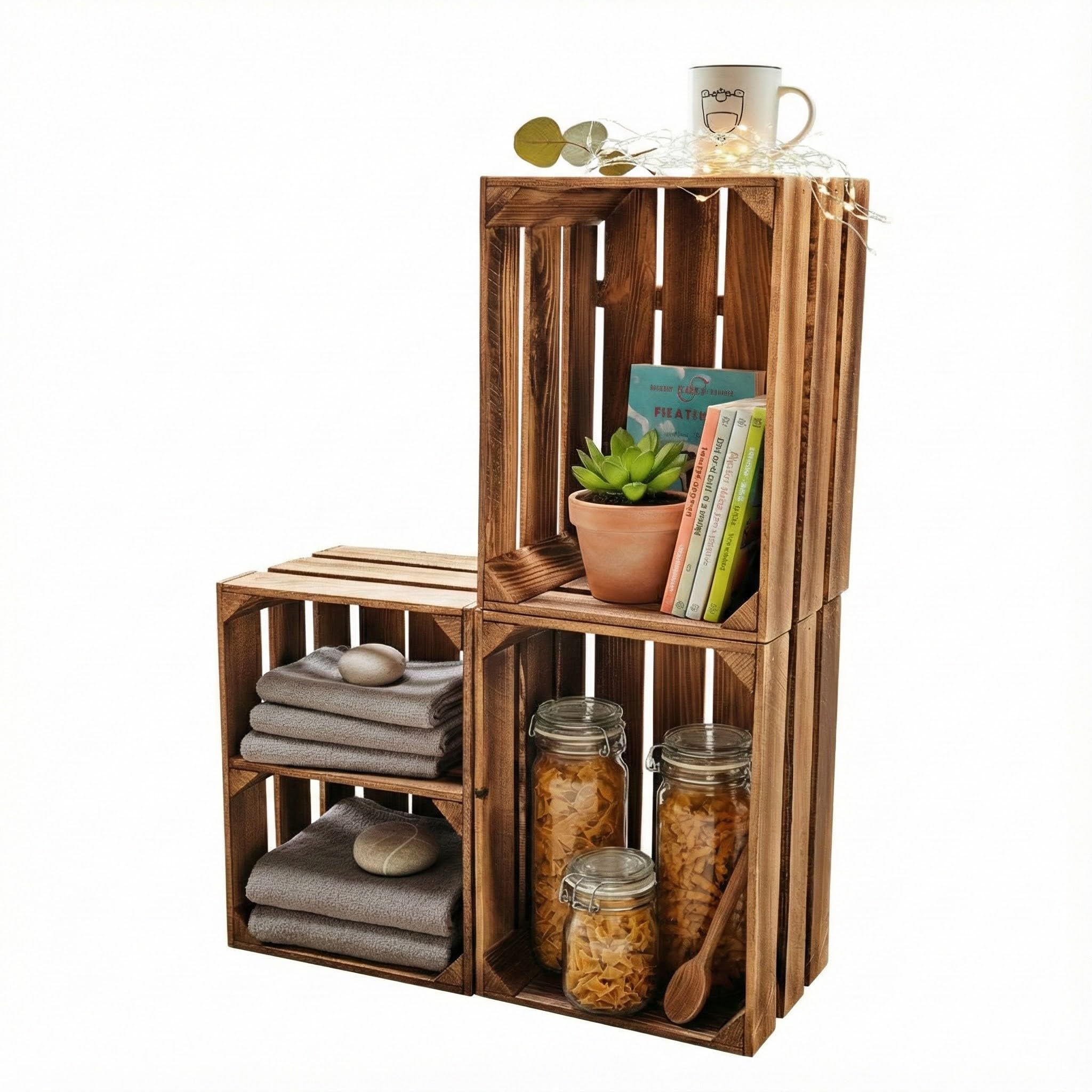 Petite étagère à Poser Teramico Caisse En Bois 50 X 40 X 30 Cm – Look Vintage Flammé – Caisse à Vin Caisse à Fruits Set Décoration (lot De 2, étagère Longue Clayette Bois
