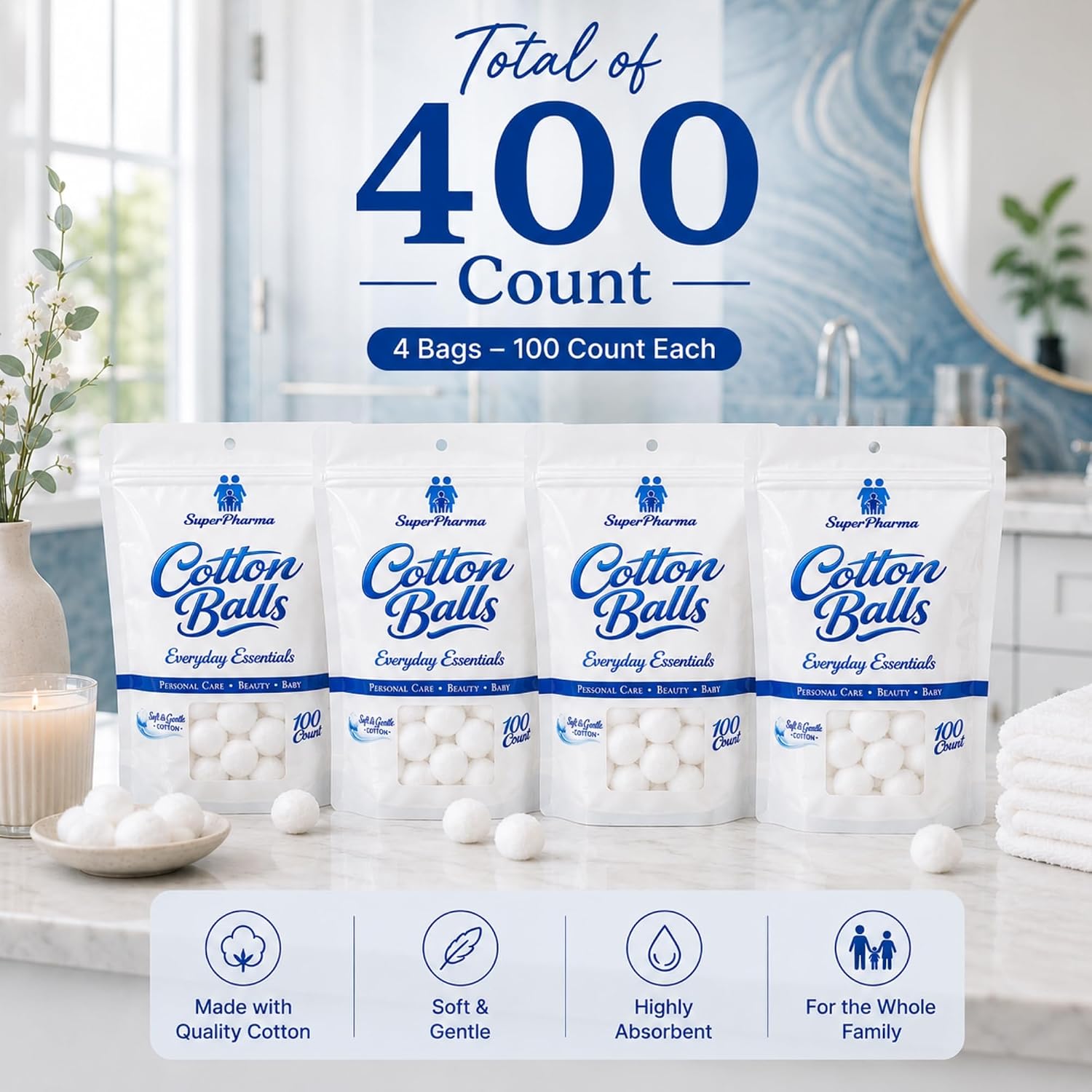Cotton Balls, 400 Count (4 Pack), Bulk Value Pack, Premium Cotton, Soft & Highly Absorbent for Makeup Removal, Facial Cleansing & First Aid, Manufactured in Miami, Florida, USA, SuperPharma