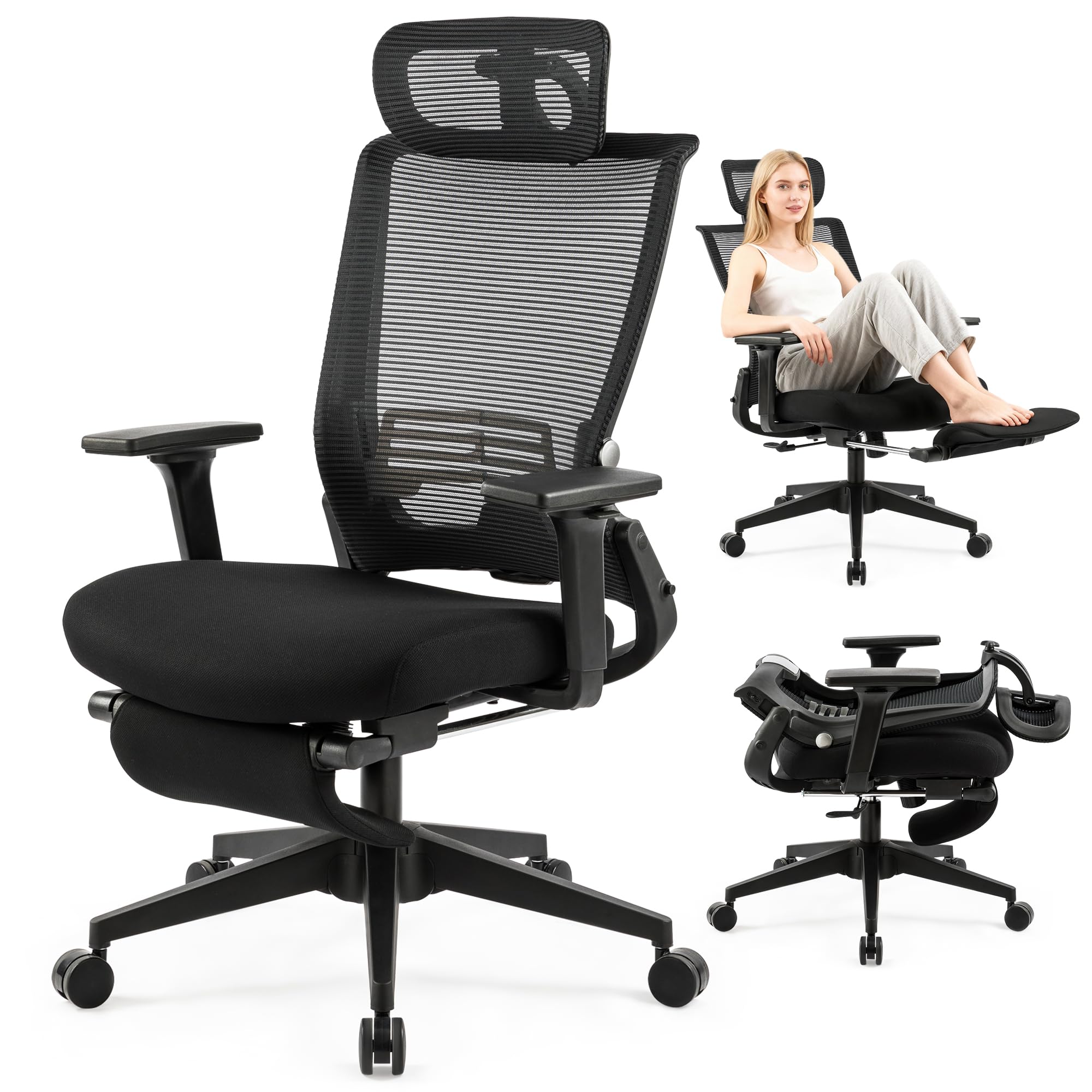 Klappbar Bürostuhl mit Fußstütze, Ergonomisch Schreibtischstuhl mit Lendenwirbelstütze, Kopfstütze, Chefsessel Mesh Stuhl 150 kg für platzsparendes Arbeiten von zu Hause aus, Schwarz