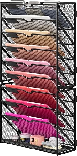 Lavatino Organizador de carpetas de archivos de pared colgantes de 10 niveles, organizador de archivos de papel de malla de metal negro para