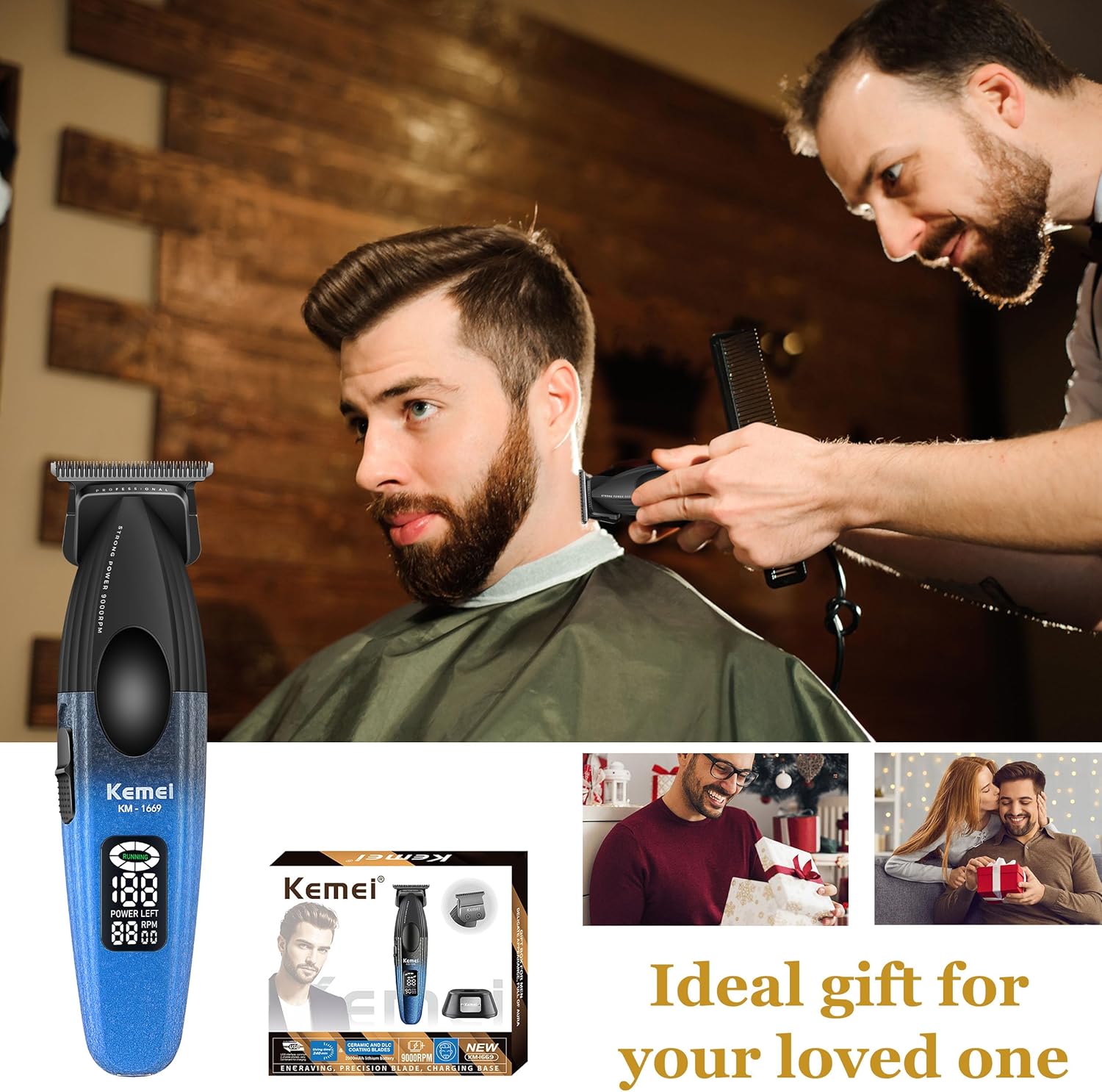 KEMEI 1669 Beard Trimmer for Men, Cordless Hair Trimmers with LED Display, 9000 RPM Hair Clippers for Barber with Charging Base, DLC Coated T-Blade - Image 7