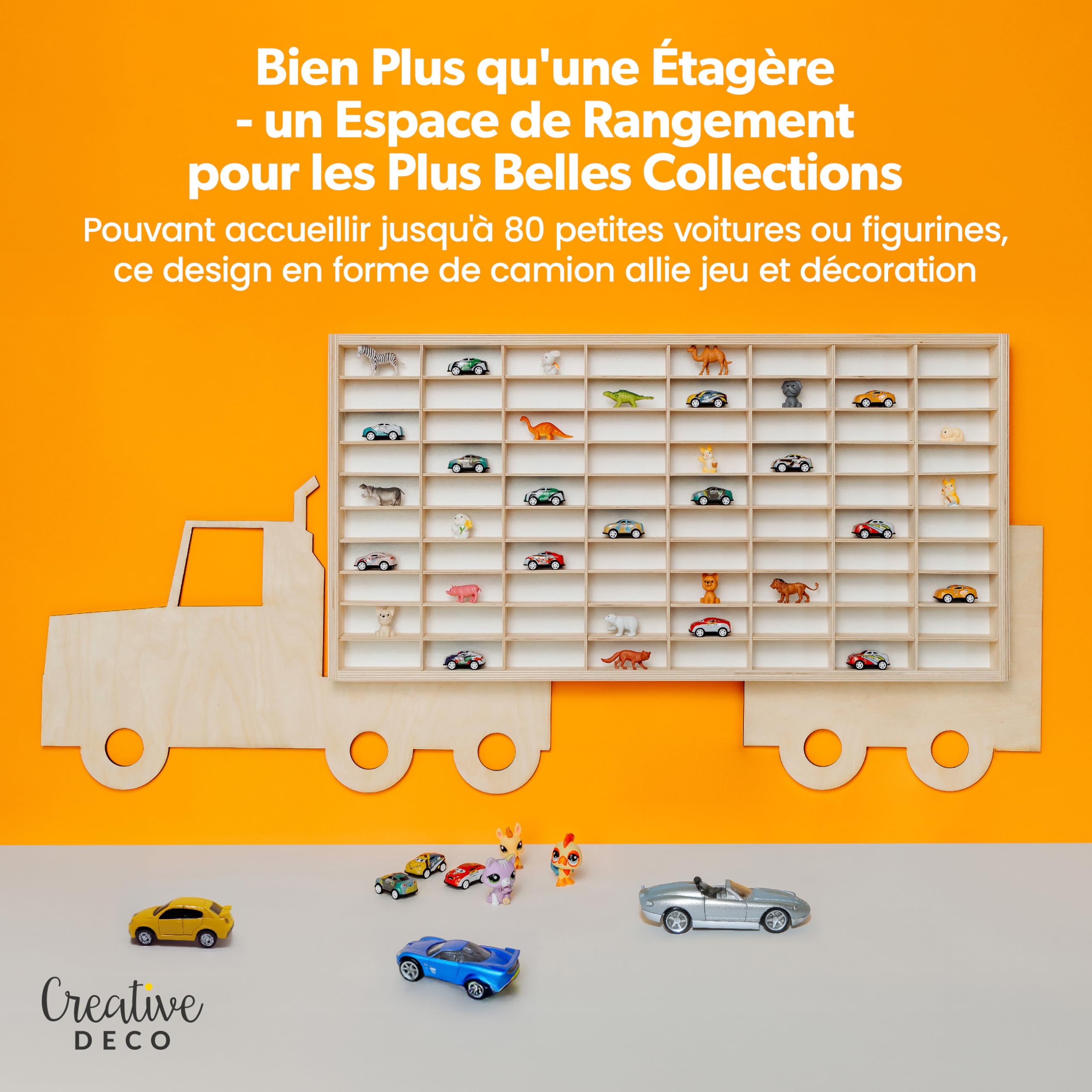 Creative Deco Étagère de Collection en Bois pour Petites Voitures – 80 Compartiments Réglables | Étagère Murale Verticale pour Figurines | Vitrine de Collection en Forme de Camion 116 x 54 x 5 cm