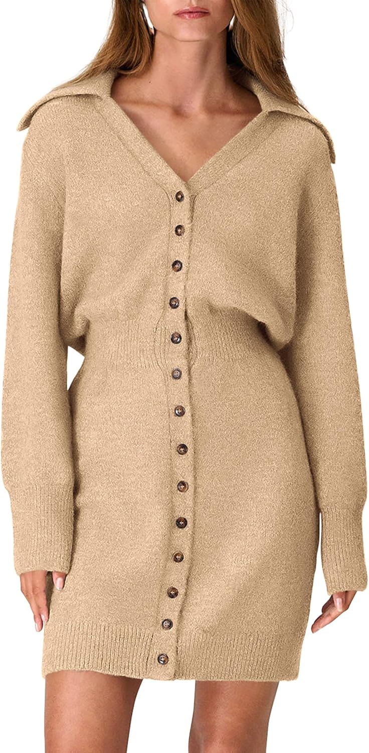 PRETTYGARDEN Sweater Dresses for Women 2025 Trendy Long Sleeve Button Down Short Mini Fall Winter Dress