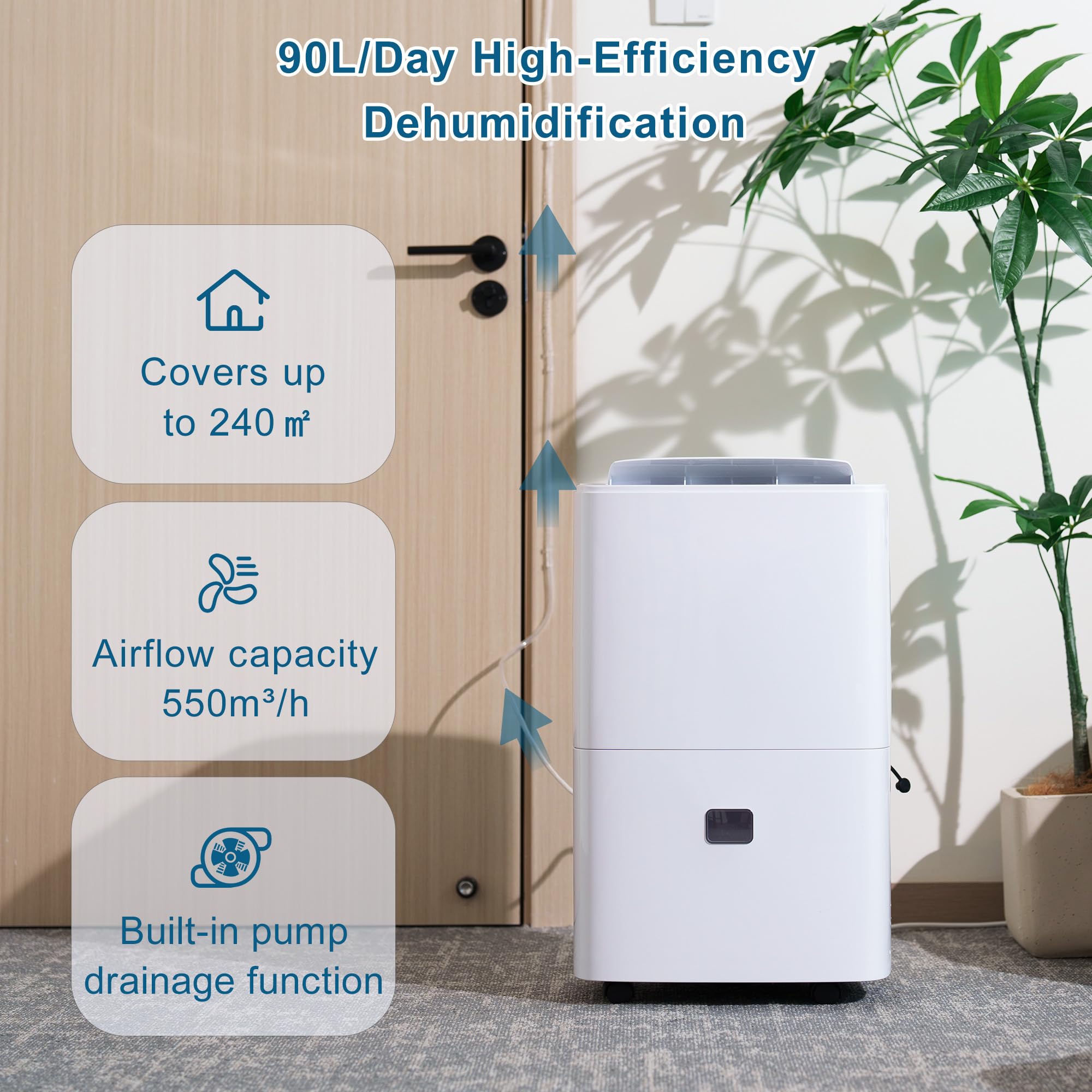 Deshumidificador Silencioso Bomba Automático: Control Humedad 90L/Día 240m² 43dB Bajo Consumo para Baño Habitación Cocina Garaje Sótano Apartamento Trastero Lavandería
