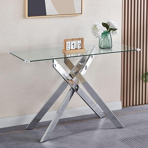 Miniatura 8 de Mesa auxiliar de cristal de 47 pulgadas, mesa central rectangular moderna con parte superior de vidrio templado transparente y patas de metal