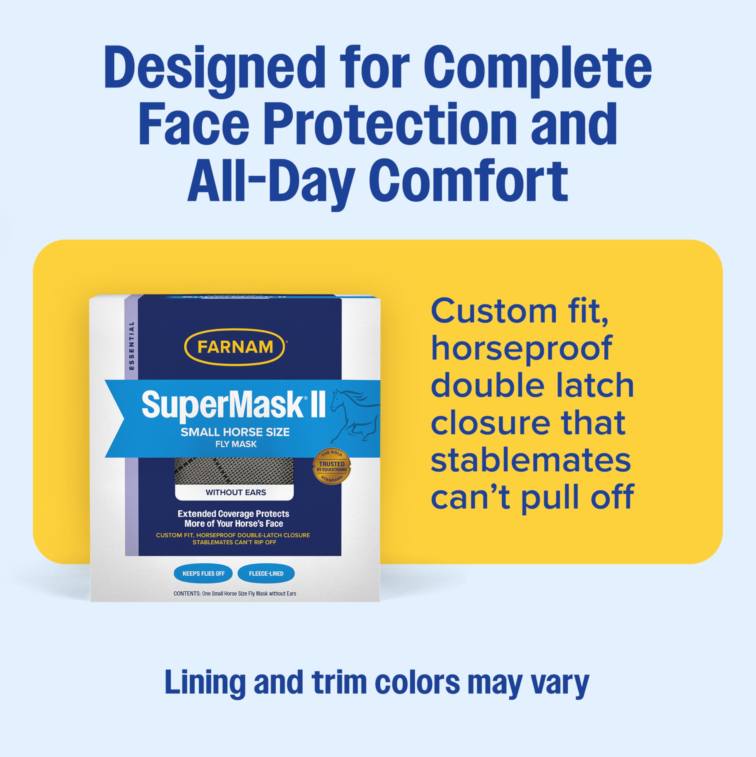 Farnam SuperMask II Masque intégral sans Oreilles pour protéger la tête et Les Yeux Contre Les Insectes nuisibles, Maille Classique structurée avec Bordure en Peluche, pour Petit Cheval/Taille Arabe