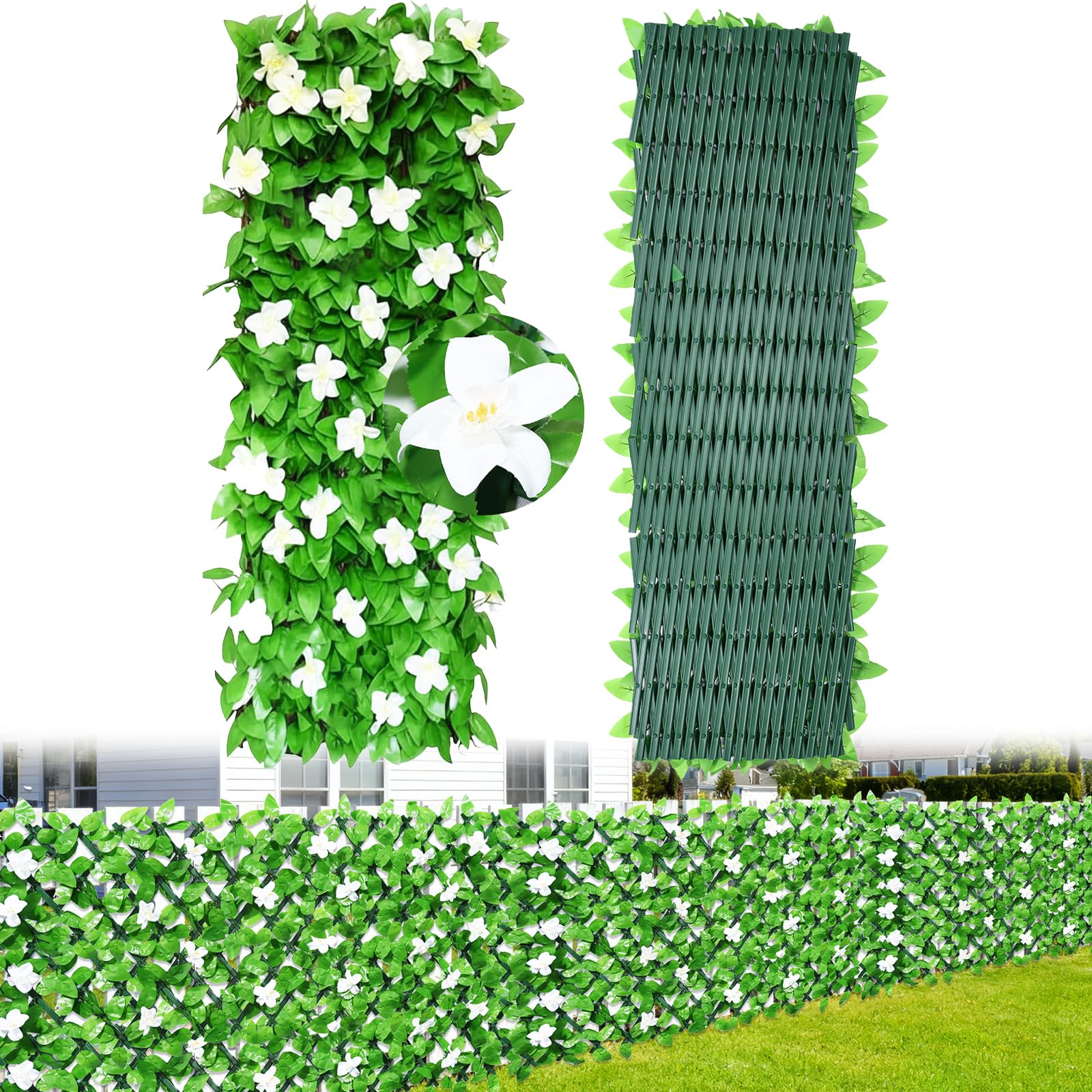 2PCS Expanding Garden Trellis Panels, 40x20cm to 28x200cm Expandable Garden Fence Screening with Artificial Ivy and White Orchid,Decorative Faux Ivy Leaf Privacy Screen Greenery Backdrop for Backyard