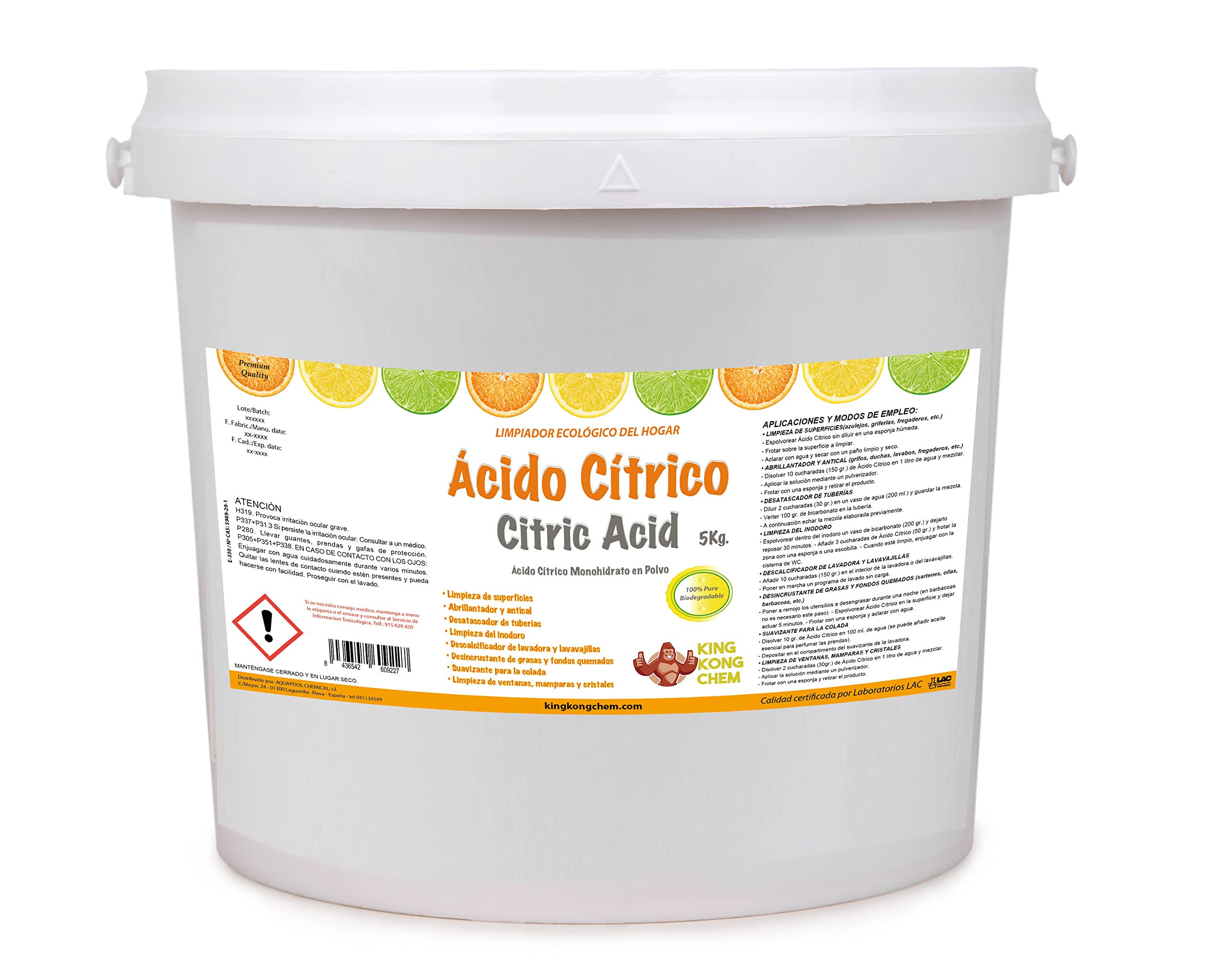 PACK 2 UDS - ÁCIDO CÍTRICO EN POLVO 10 KG (2x5 KG)– Limpiador del Hogar - 100% Puro y Biodegradable - Para Cocinas, Baños y Hogar en general