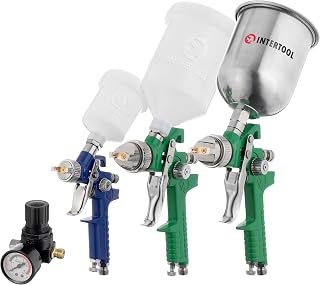 INTERTOOL HVLP Paint Spray Gun Set, 2 Standard and 1 Detail Sprayer, 0.8, 1.3, 1.7 mm Air Caps, Air Pressure Regulator, Disposable Cup Adapter PT08-1505